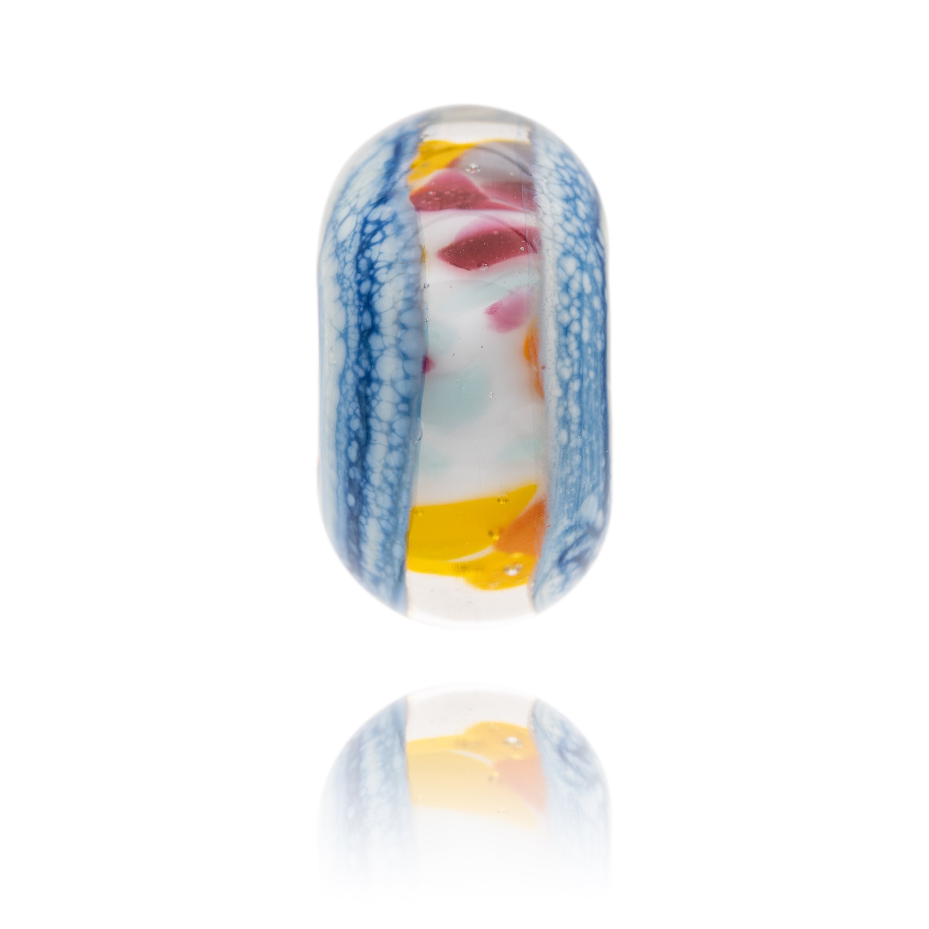 Colourful glass bead made with blue, white, red, orange and yellow Murano glass. Representing Shoreham-By-Sea in Sussex.