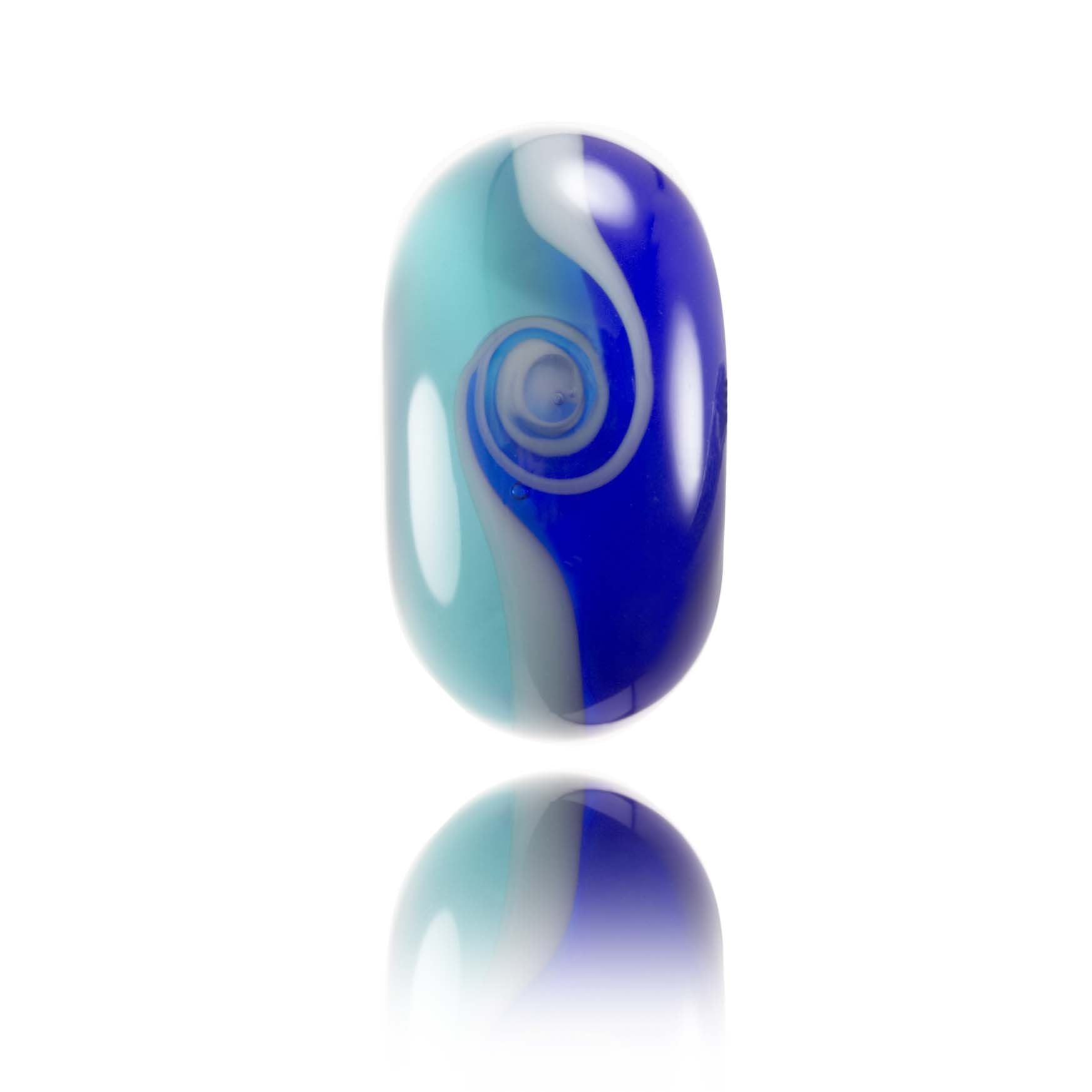 Pale and dark blue glass bead representing Steamer Lane surf spot in California.