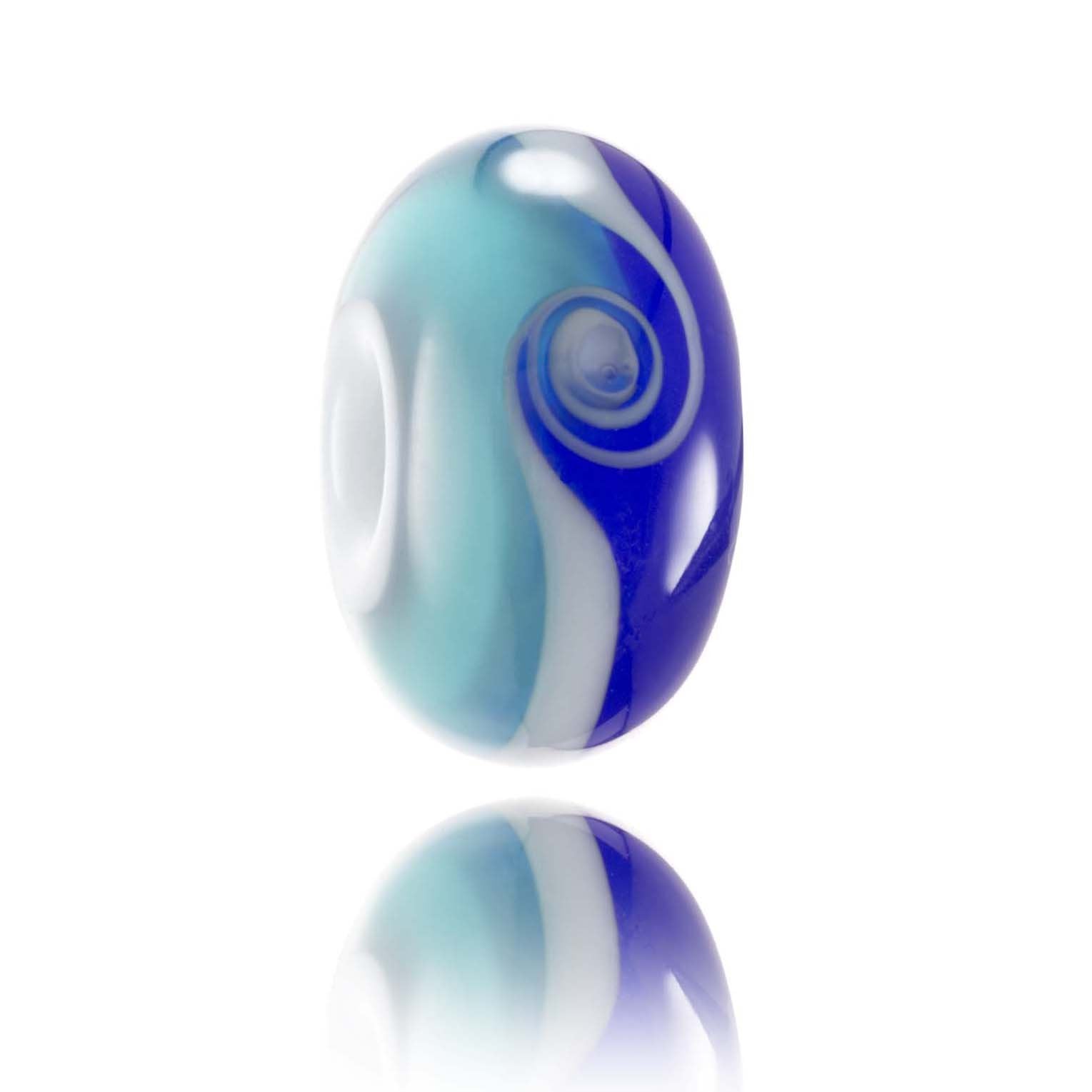 Pale and dark blue glass bead representing Steamer Lane surf spot in California.