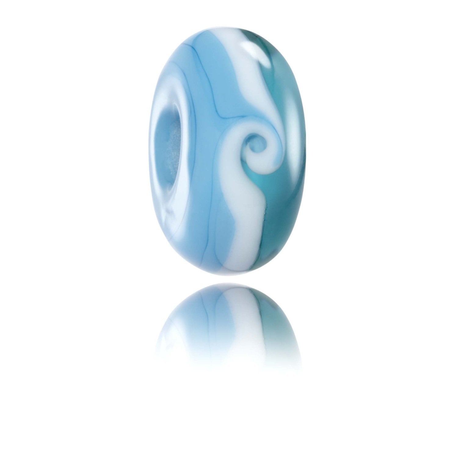 Blue, white and turquoise glass bead with a wave pattern, sold to raise money for the Surfers Against Sewage Charity.