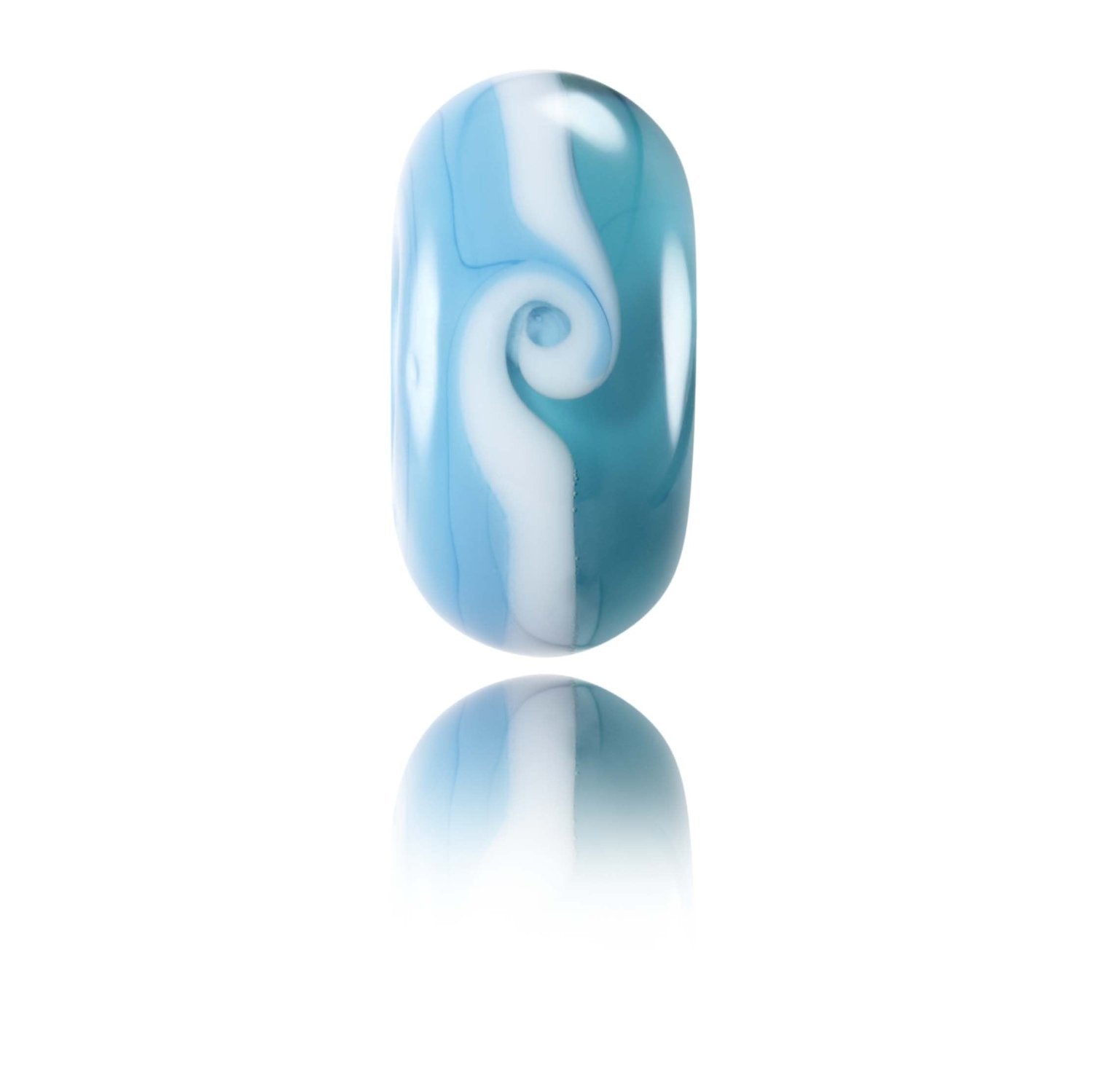 Blue, white and turquoise glass bead with a wave pattern, sold to raise money for the Surfers Against Sewage Charity.