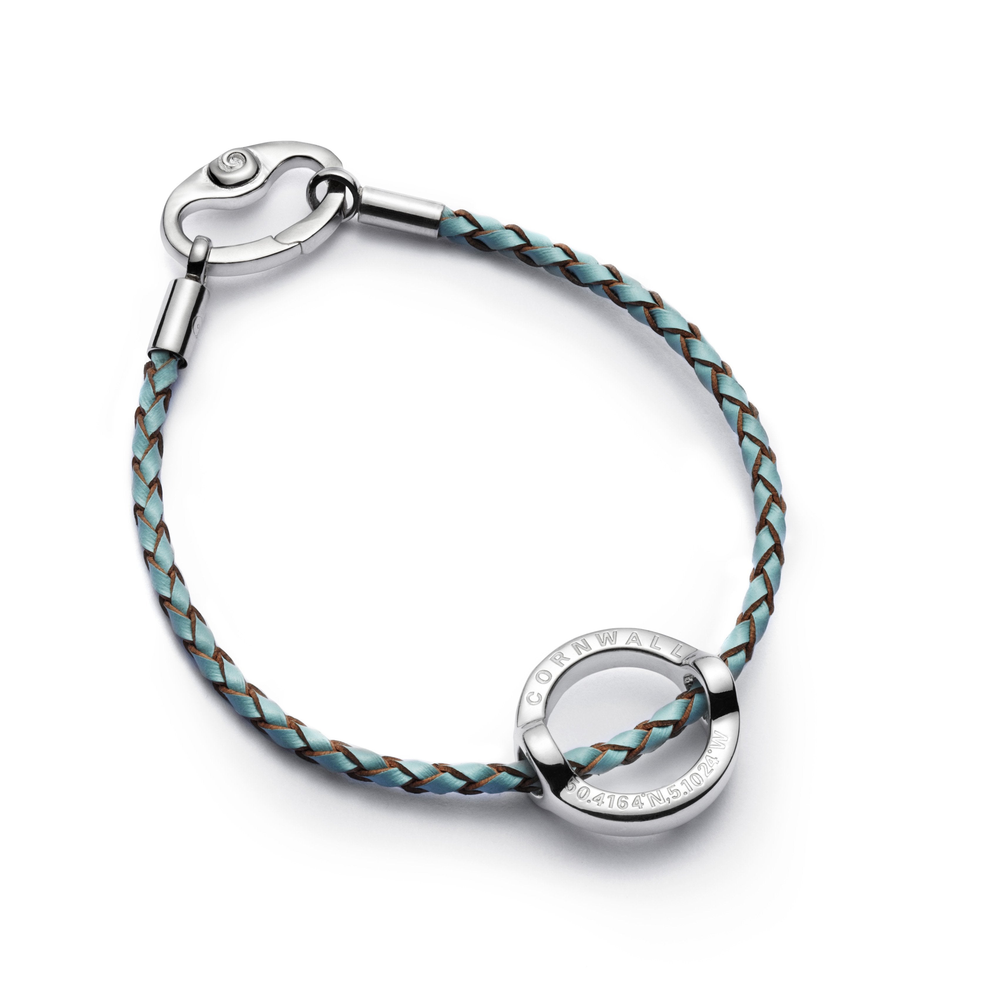 Turquoise plaited later bracelet with silver loop charm.