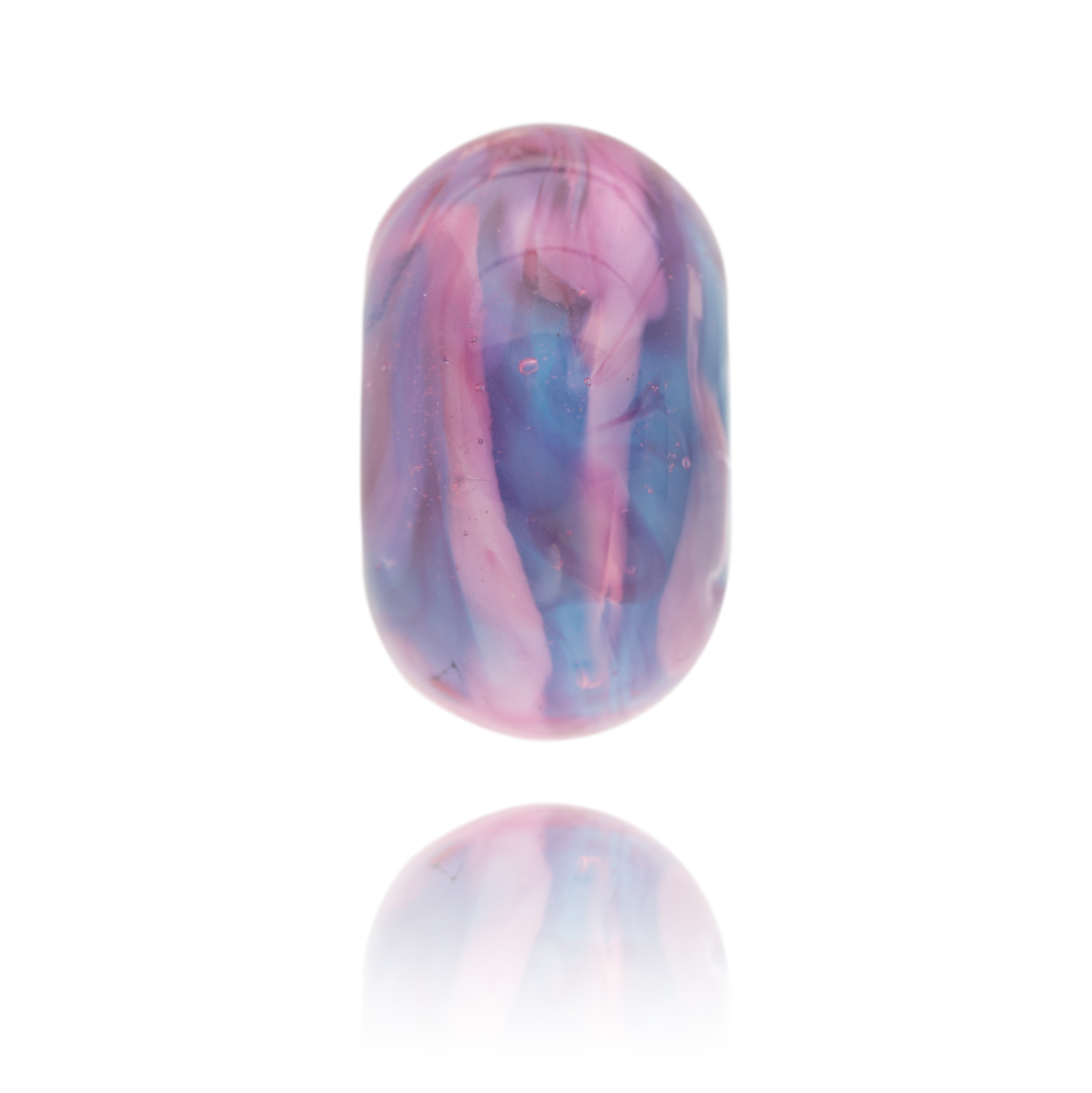Pink and turquoise swirling glass bead representing Whitstable in Kent.