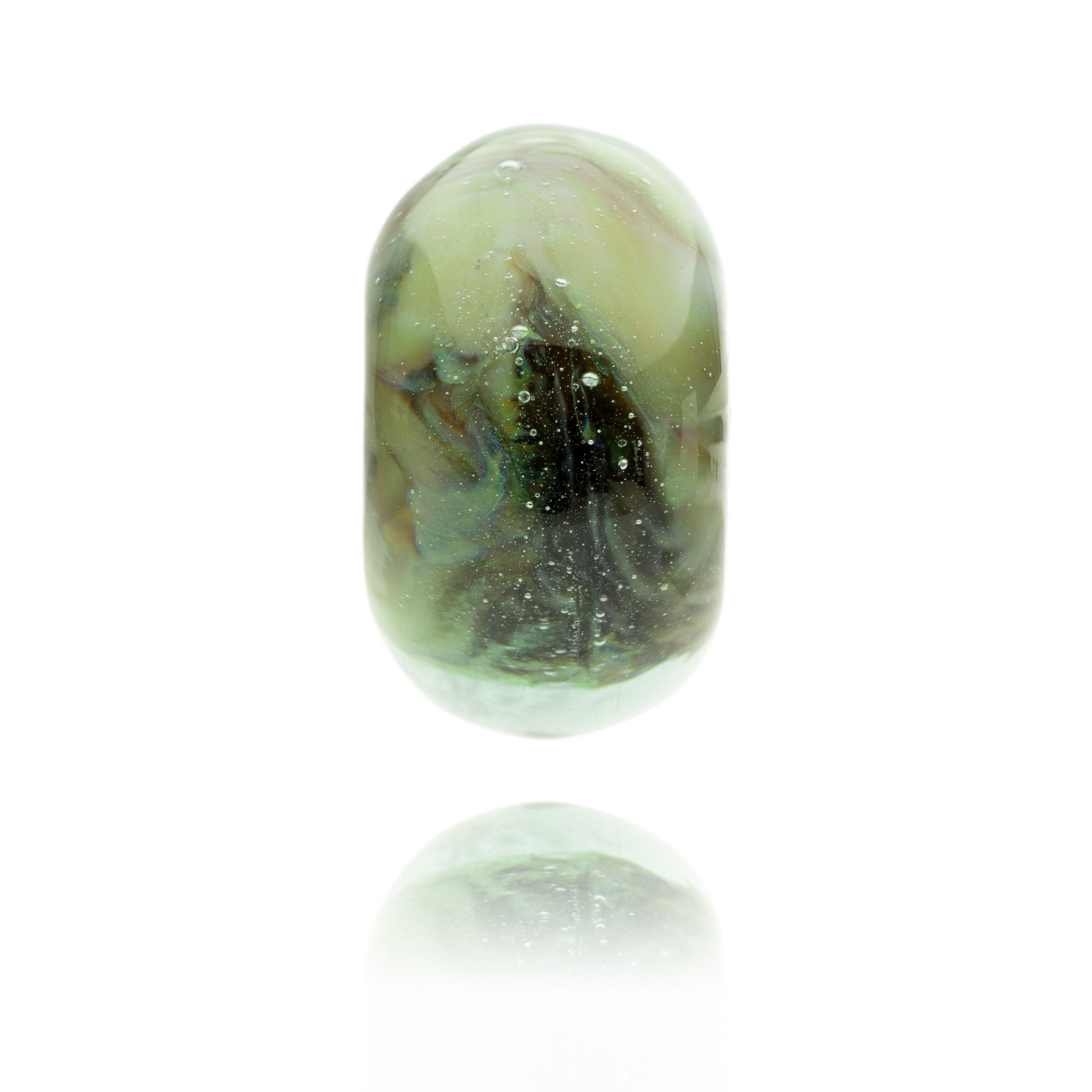 Green grey swirling shiny glass bead representing Brecon Beacons National Park in Wales.