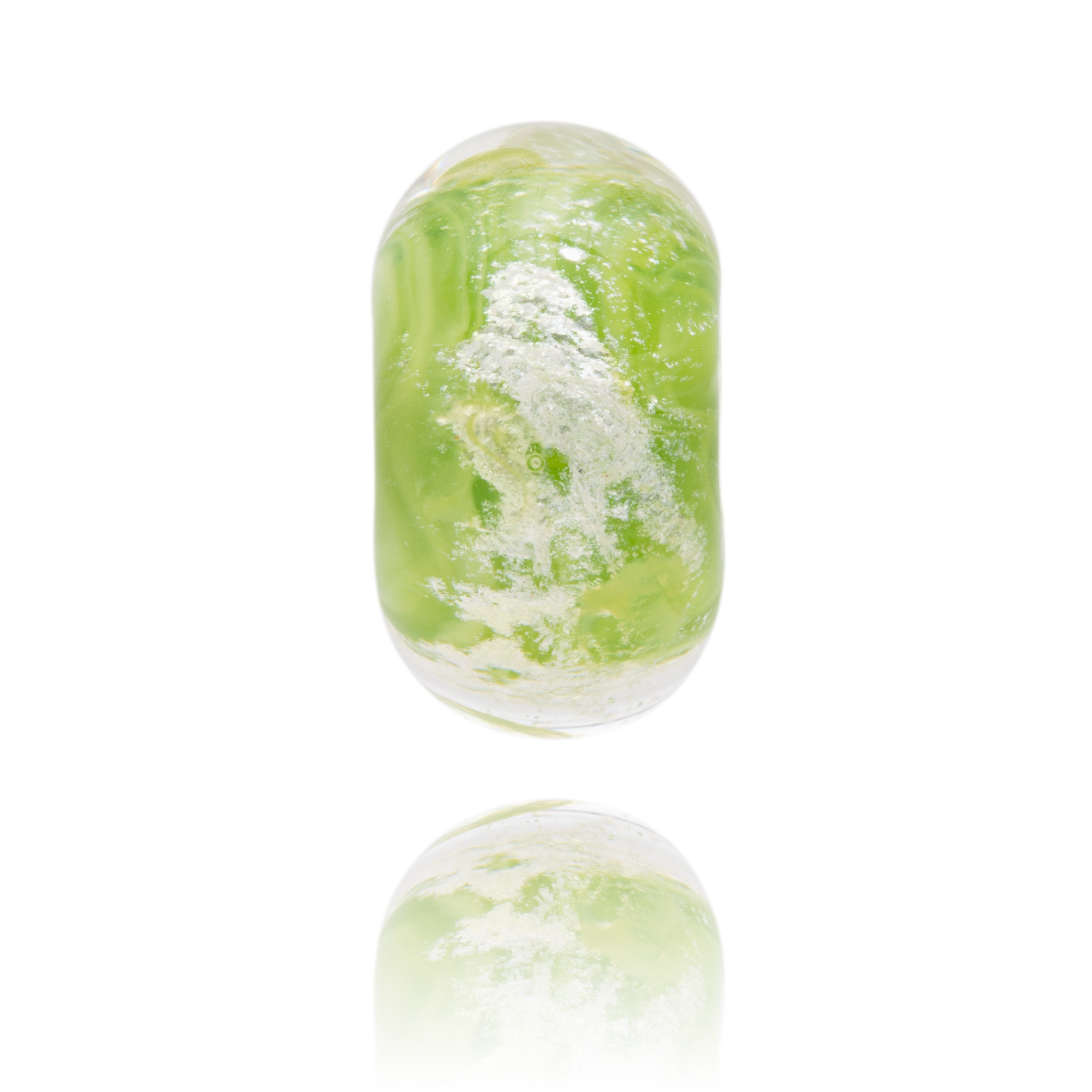 Bright green shimmering glass lamp work bead representing Burgh Island in South Devon.