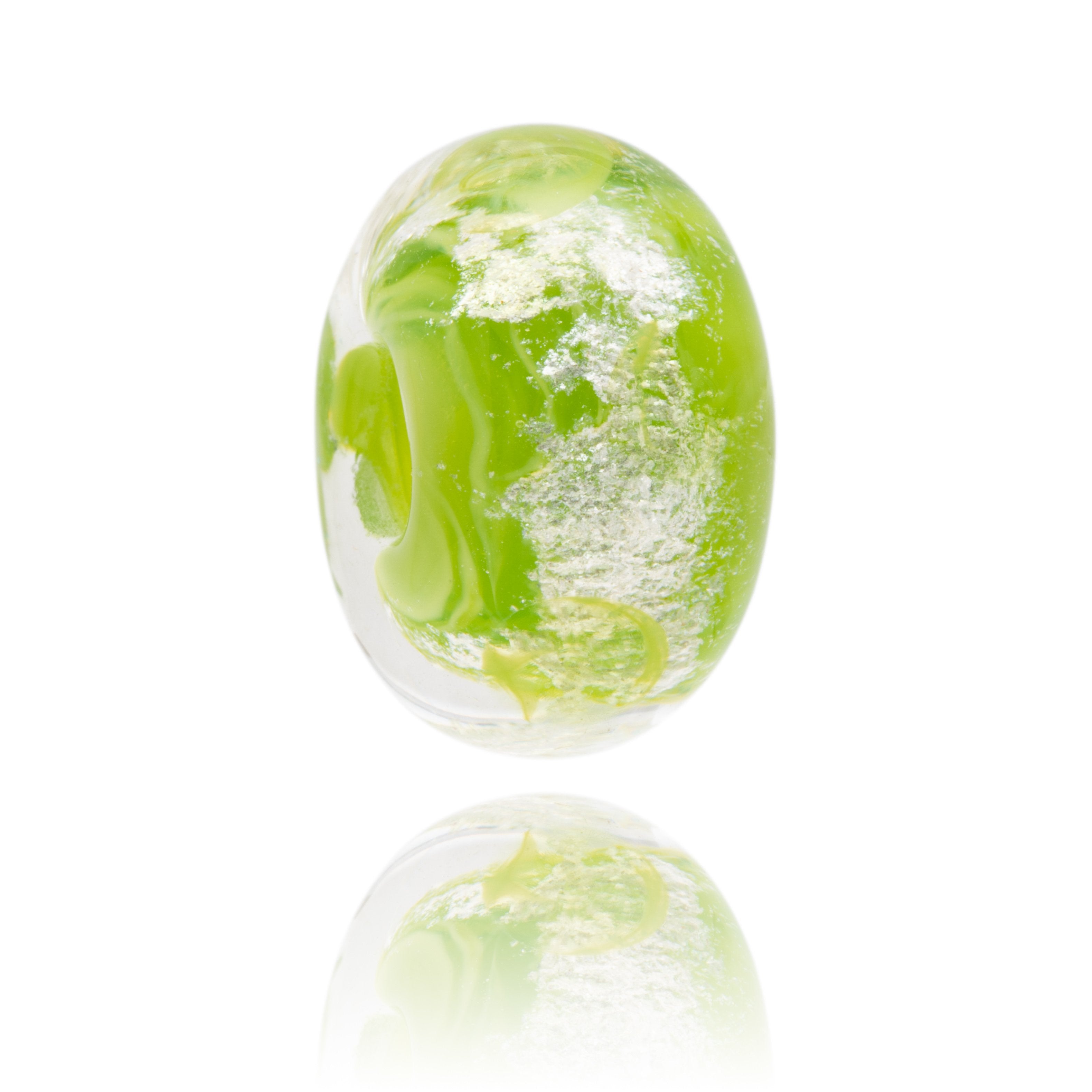 Bright green shimmering glass lamp work bead representing Burgh Island in South Devon.