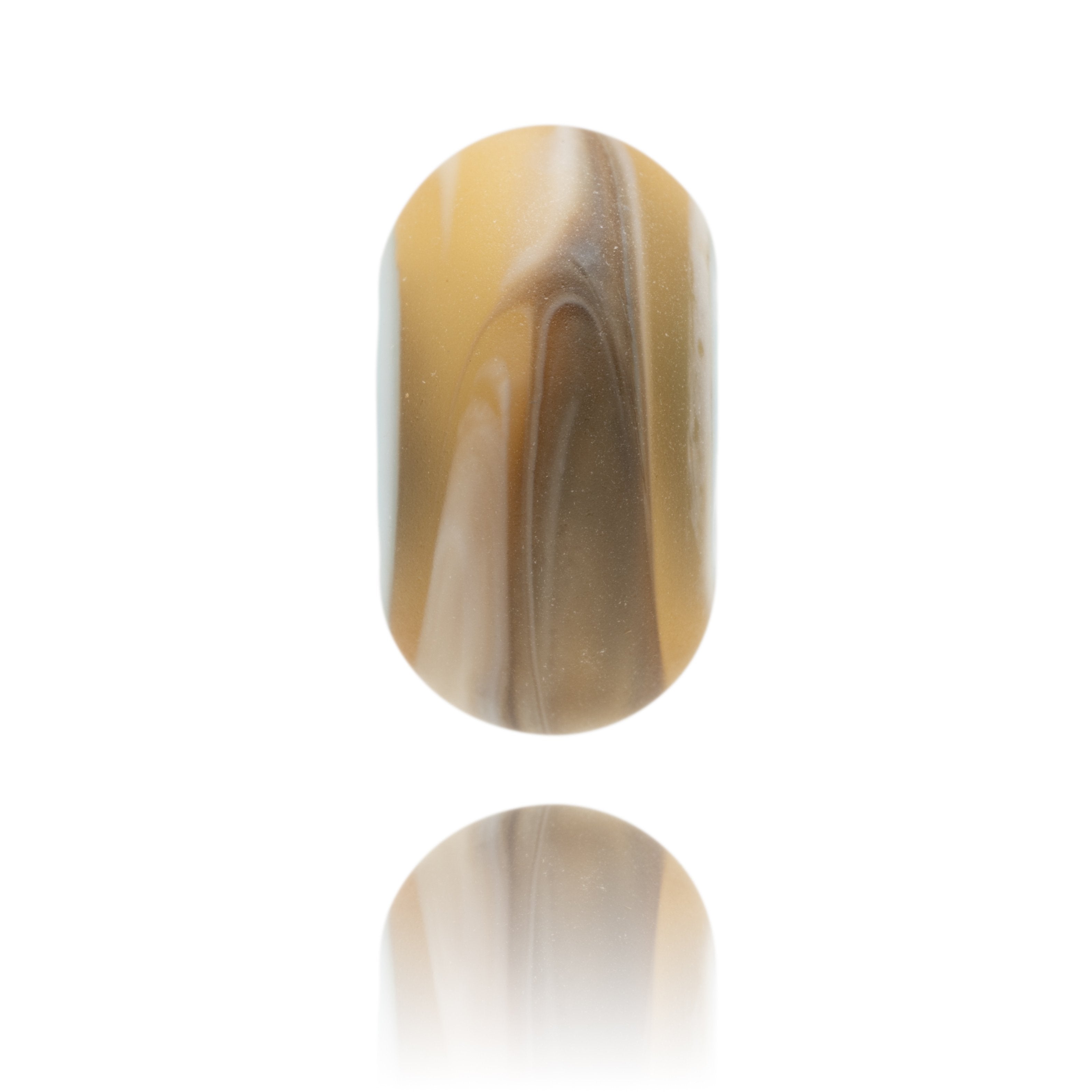 Swirling brown, white and blue glass bead with frosted finish for Chisel Beach in Dorset.