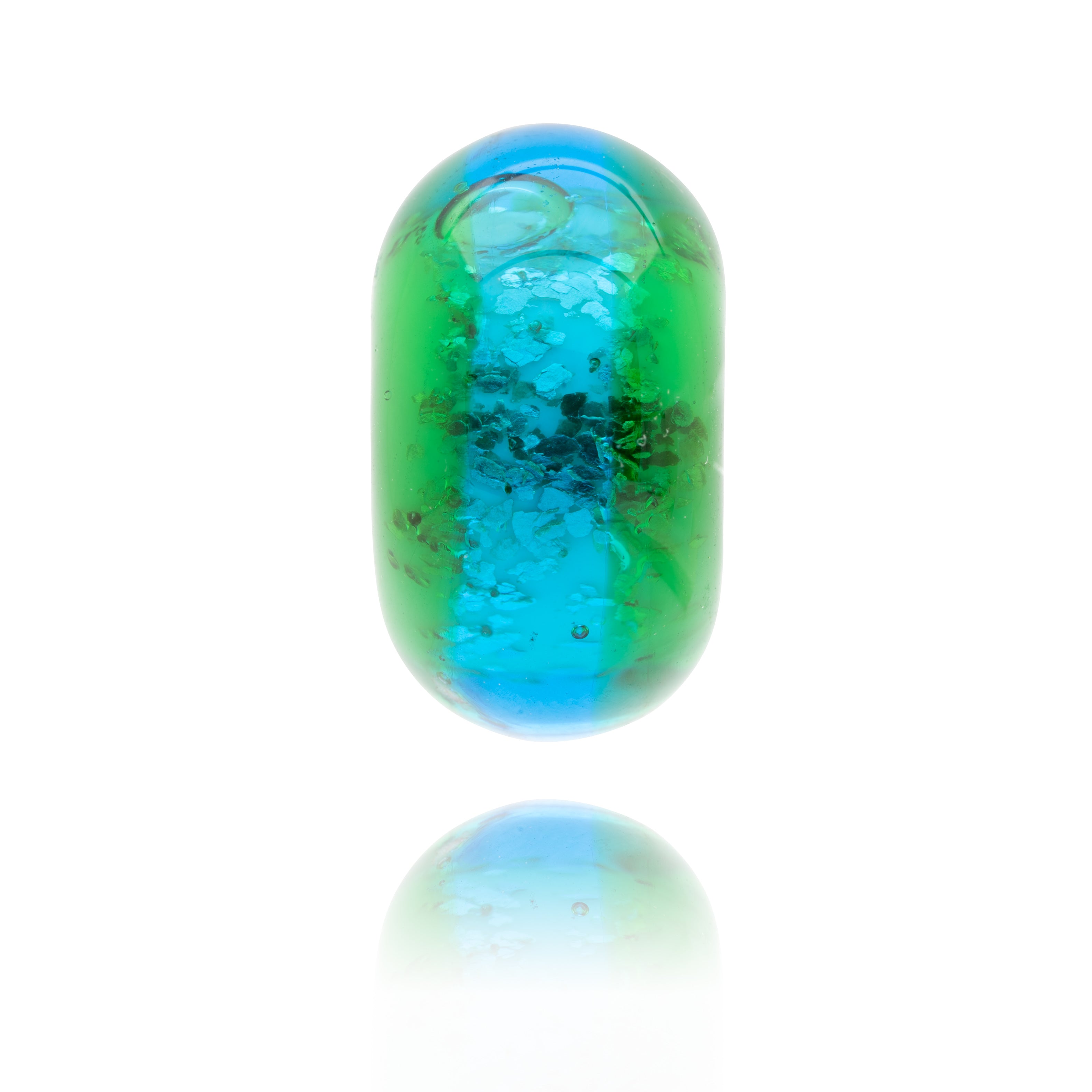 Bright green and turquoise Murano glass lamp work bead representing Crantock in Cornwall.