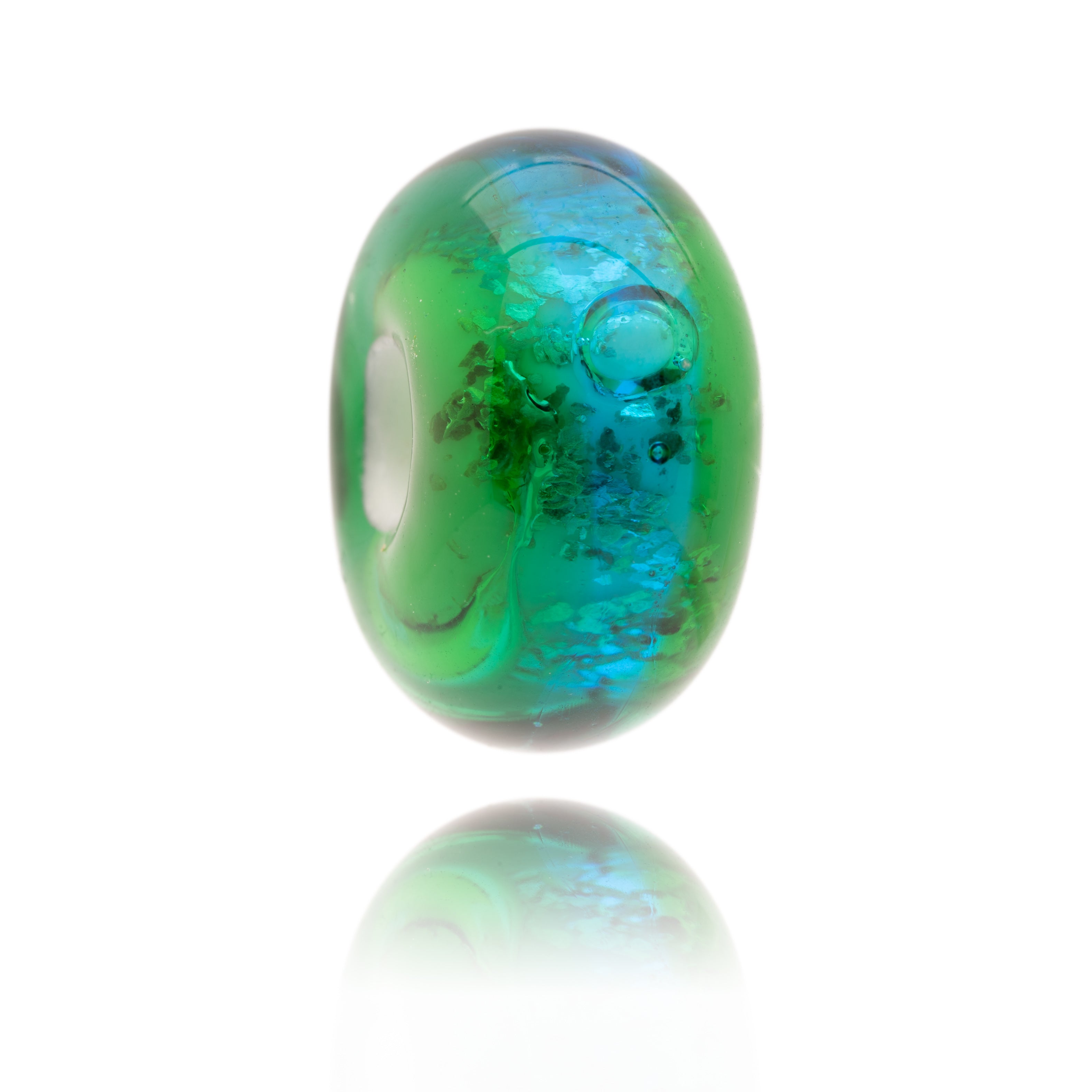 Bright green and turquoise Murano glass lamp work bead representing Crantock in Cornwall.