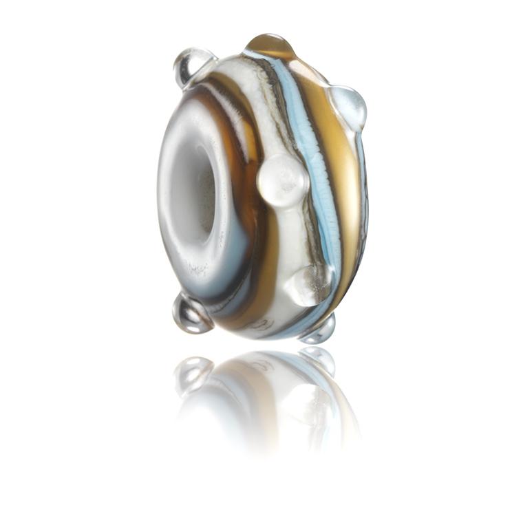 Swirling brown, blue, white glass bead with raised dots of clear glass on surface made to represent Haryln Bay in Cornwall.
