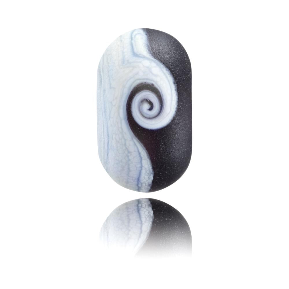 Grey and black glass bead with a swirl in the middle representing Lynmouth in North Devon.
