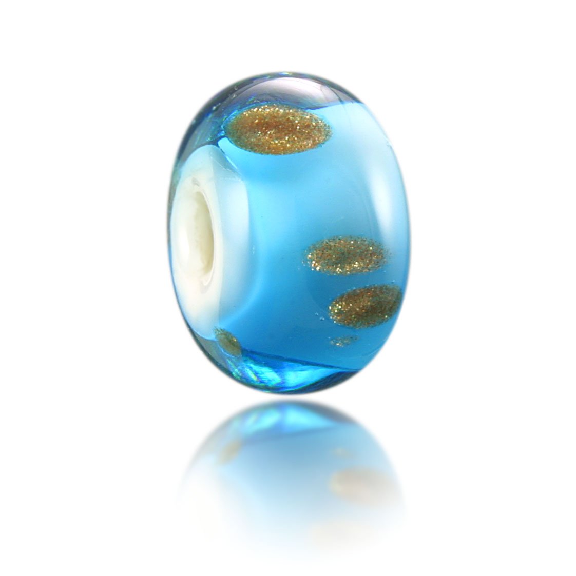 Turquoise glass bead with gold islands representing the Mentawai Islands in Indonesia.