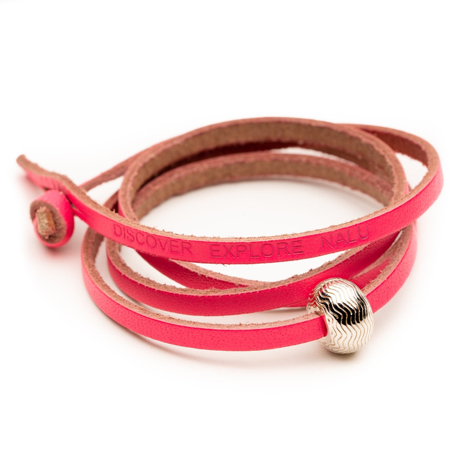 Neon pink leather wrap with silver bead.