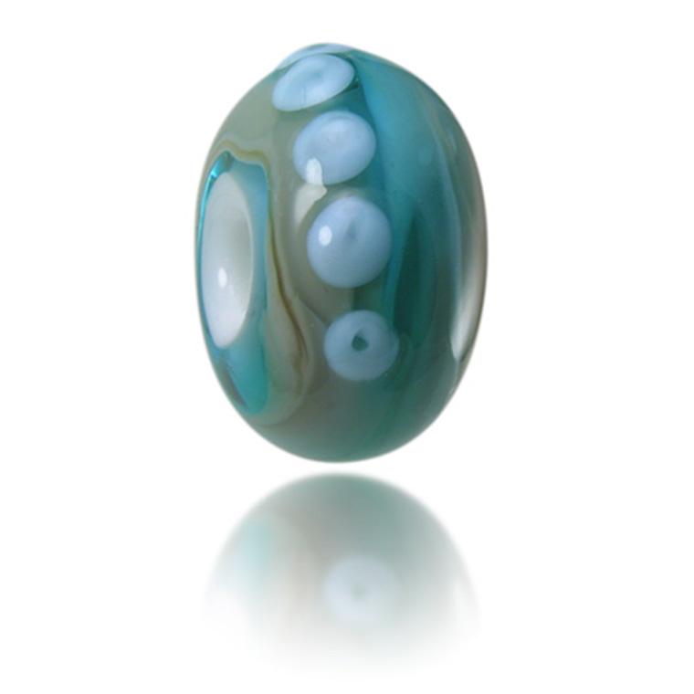 Blue and grey swirling glass bead with 4 raised dots on the surface representing Polzeath beach in Cornwall.