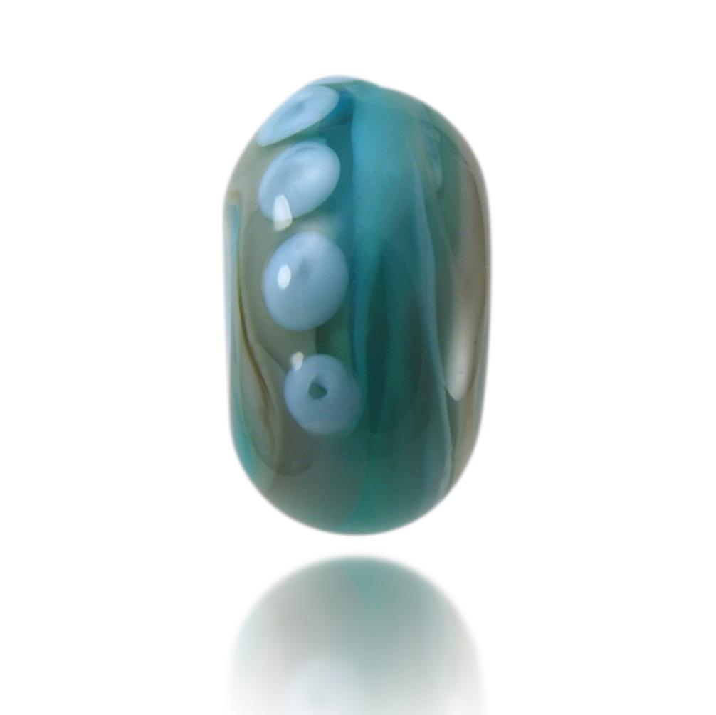 Blue and grey swirling glass bead with 4 raised dots on the surface representing Polzeath beach in Cornwall.