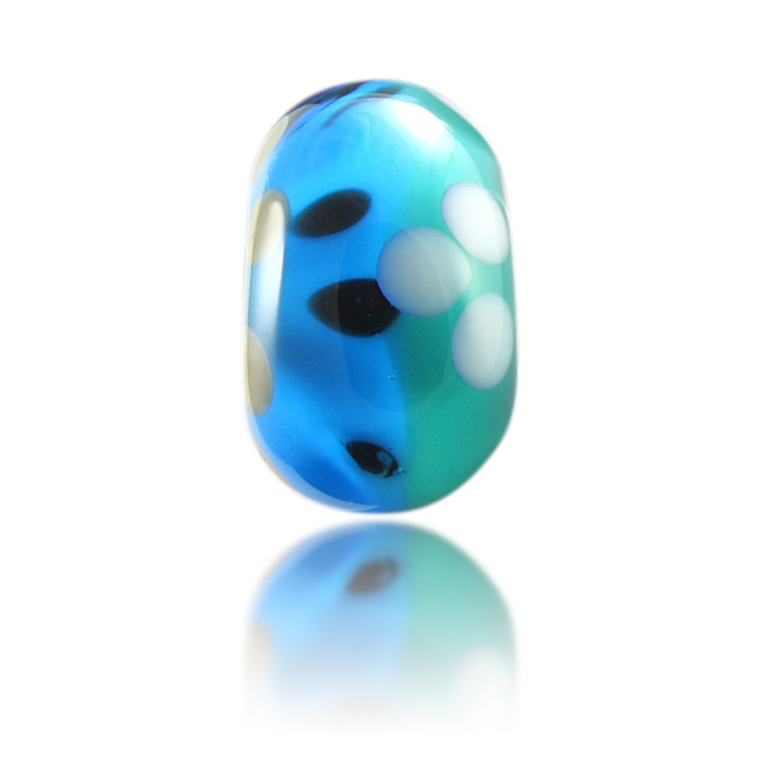 Turquoise and green transparent glass bead with white and black patterns, representing Putsborough Sands beach in North Devon.