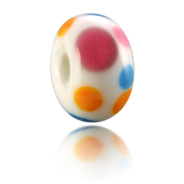 White glass bead with blue, yellow and pink dots on the surface. Representing Sumbawa in Indonesia.