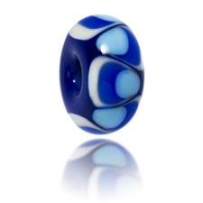 Bright blue, turquoise and white patterned glass bead for Supertubos beach in Portugal.