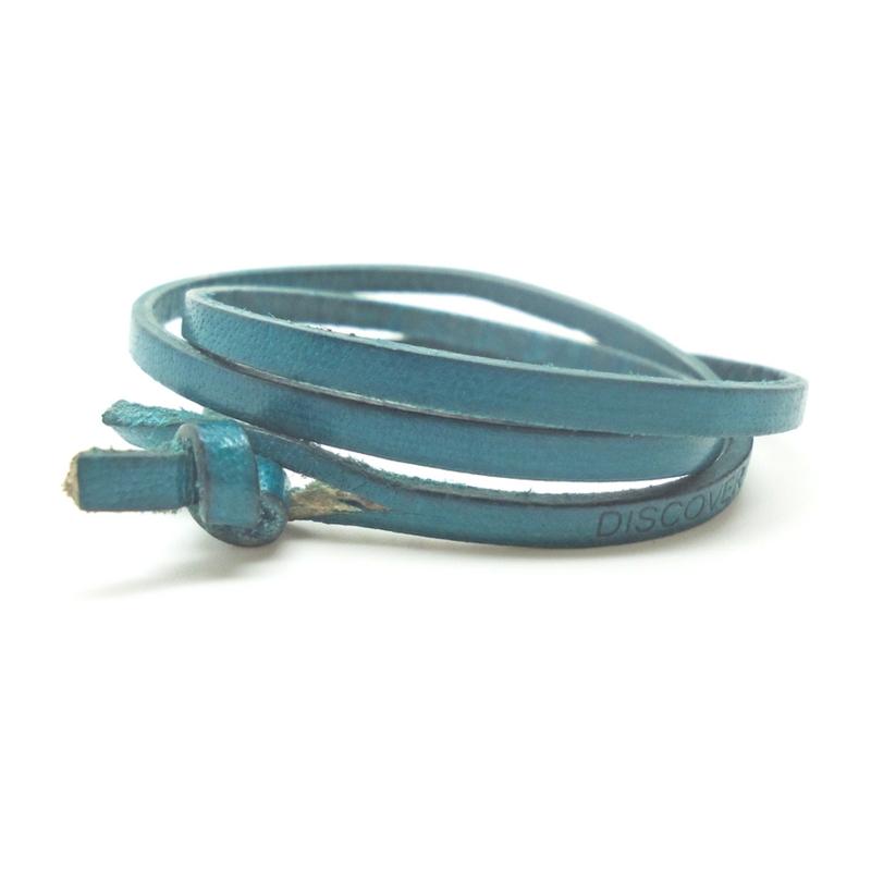 Teal leather wrap bracelet with engraving.