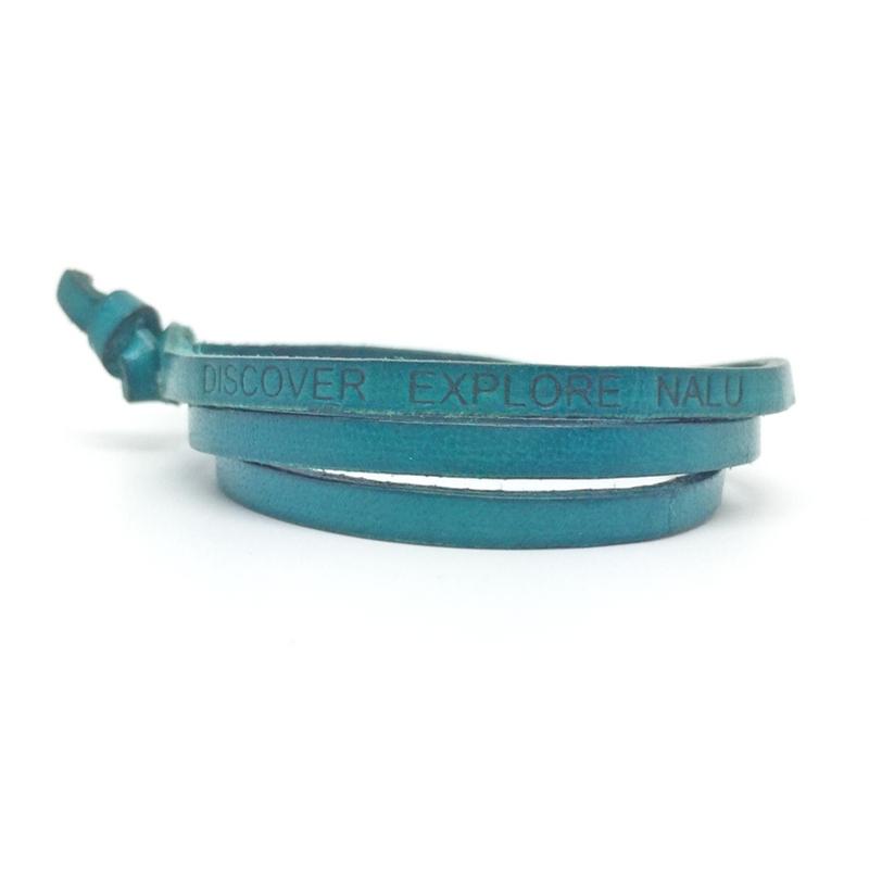 Teal leather wrap bracelet with engraving.