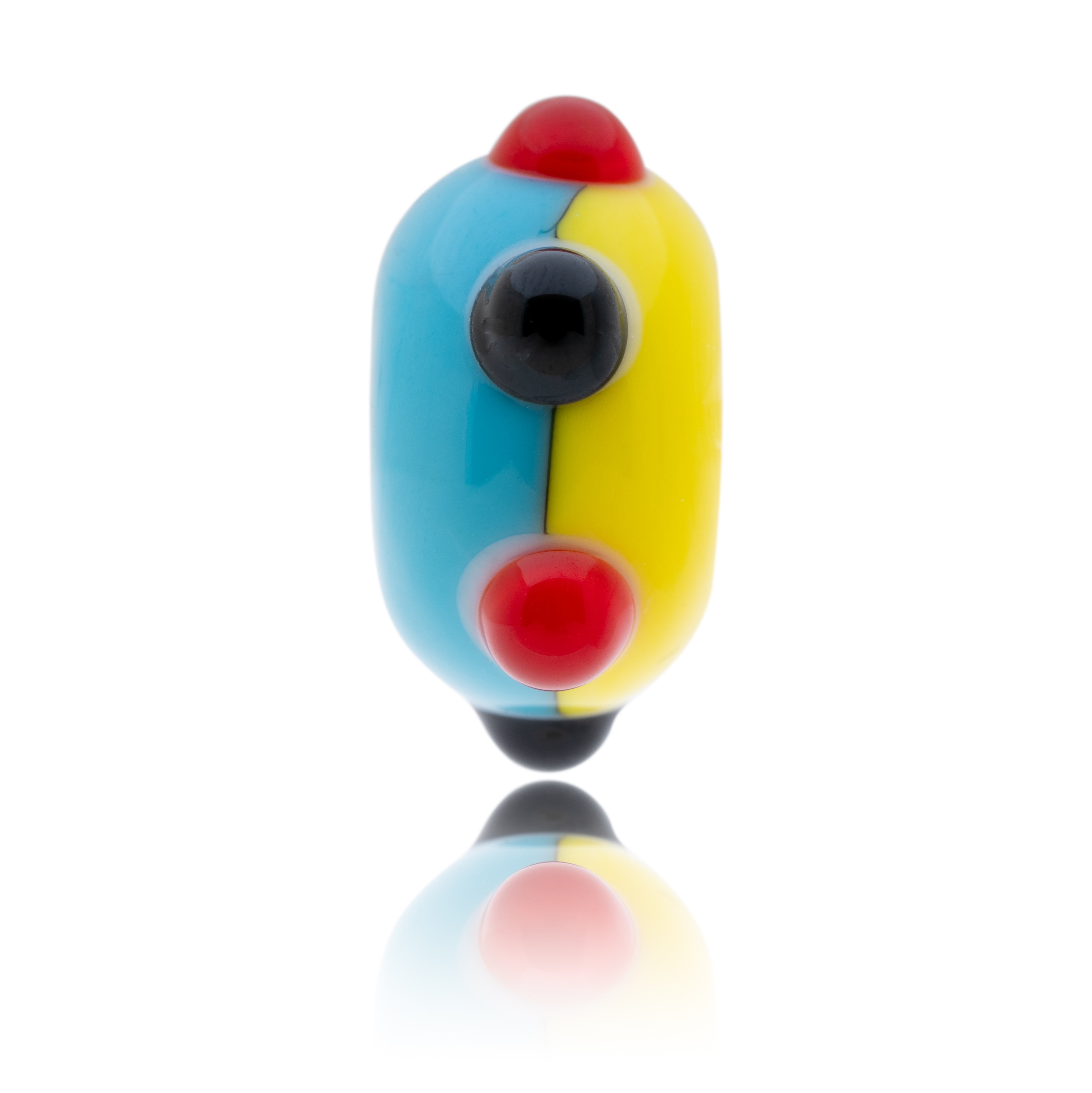 Yellow and blue glass bead with raised red and lack surface dots being sold to raise funds for the Amigos Charity.