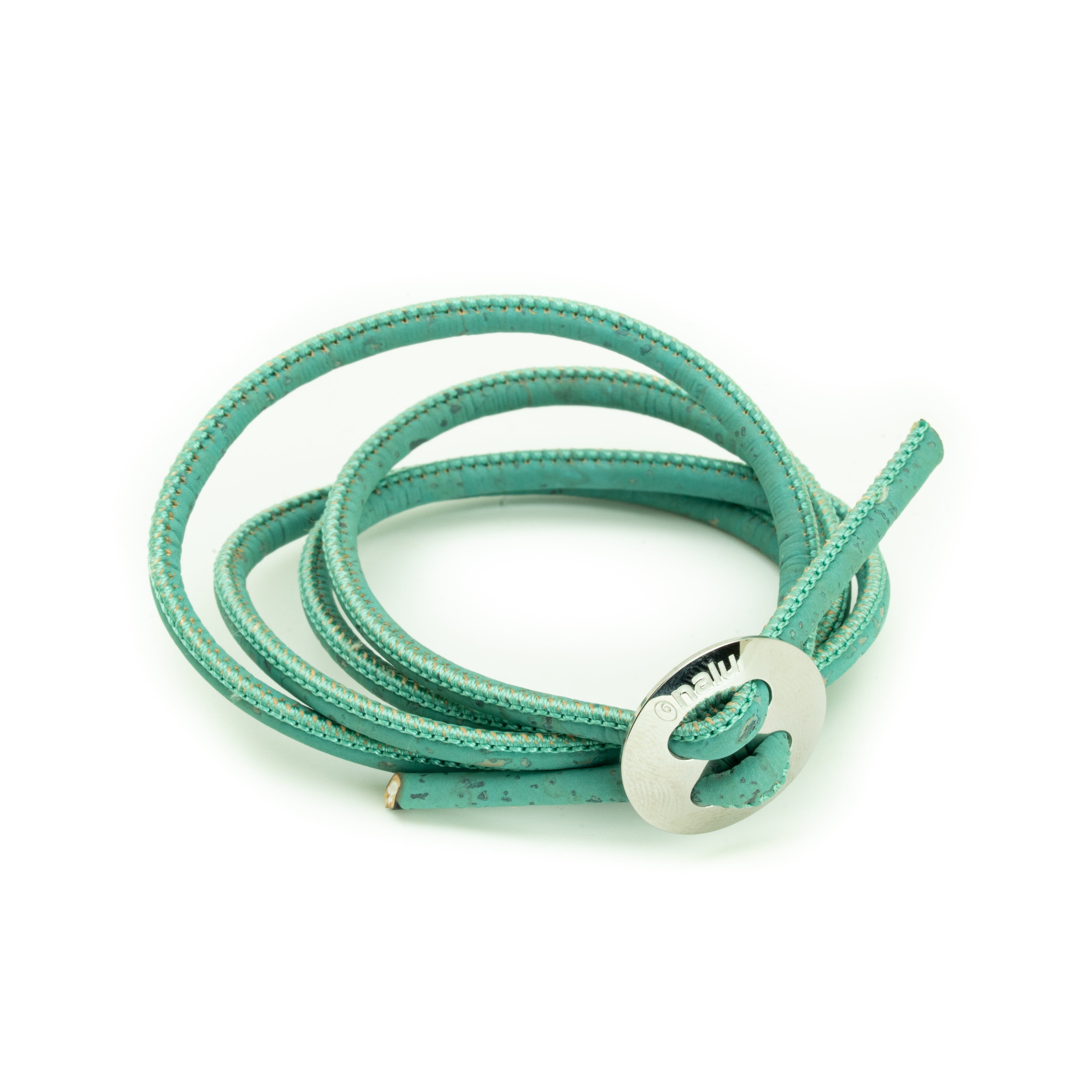 Turquoise leather cord bracelet with a silver clasp on a white background