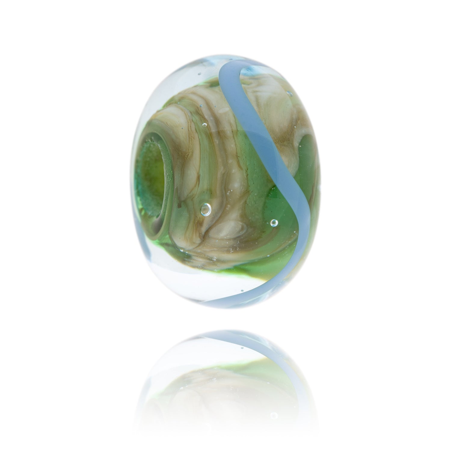 Green and grey swirling glass bead with meandering blue stripe on the surface representing Arnside beach in Cumbria.