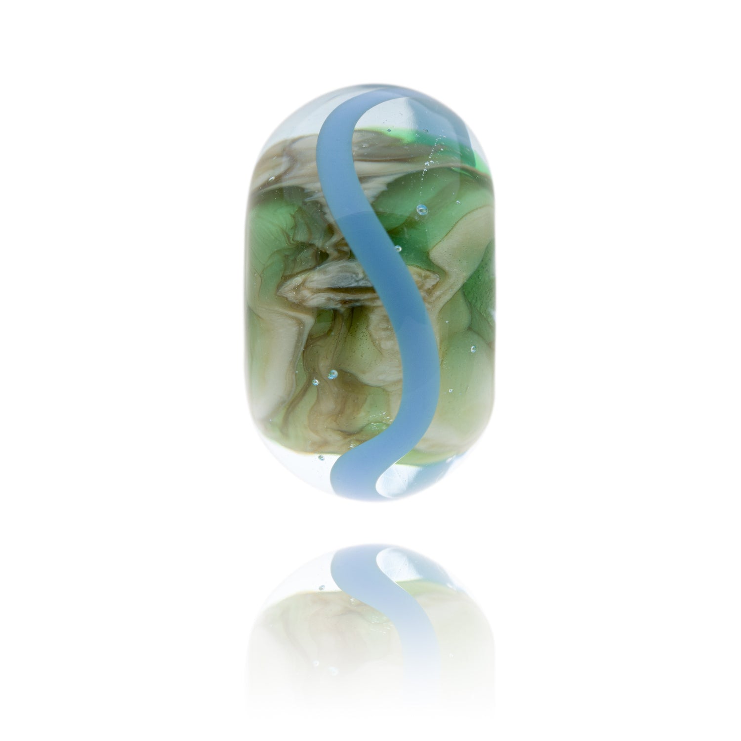 Green and grey swirling glass bead with meandering blue stripe on the surface representing Arnside beach in Cumbria.