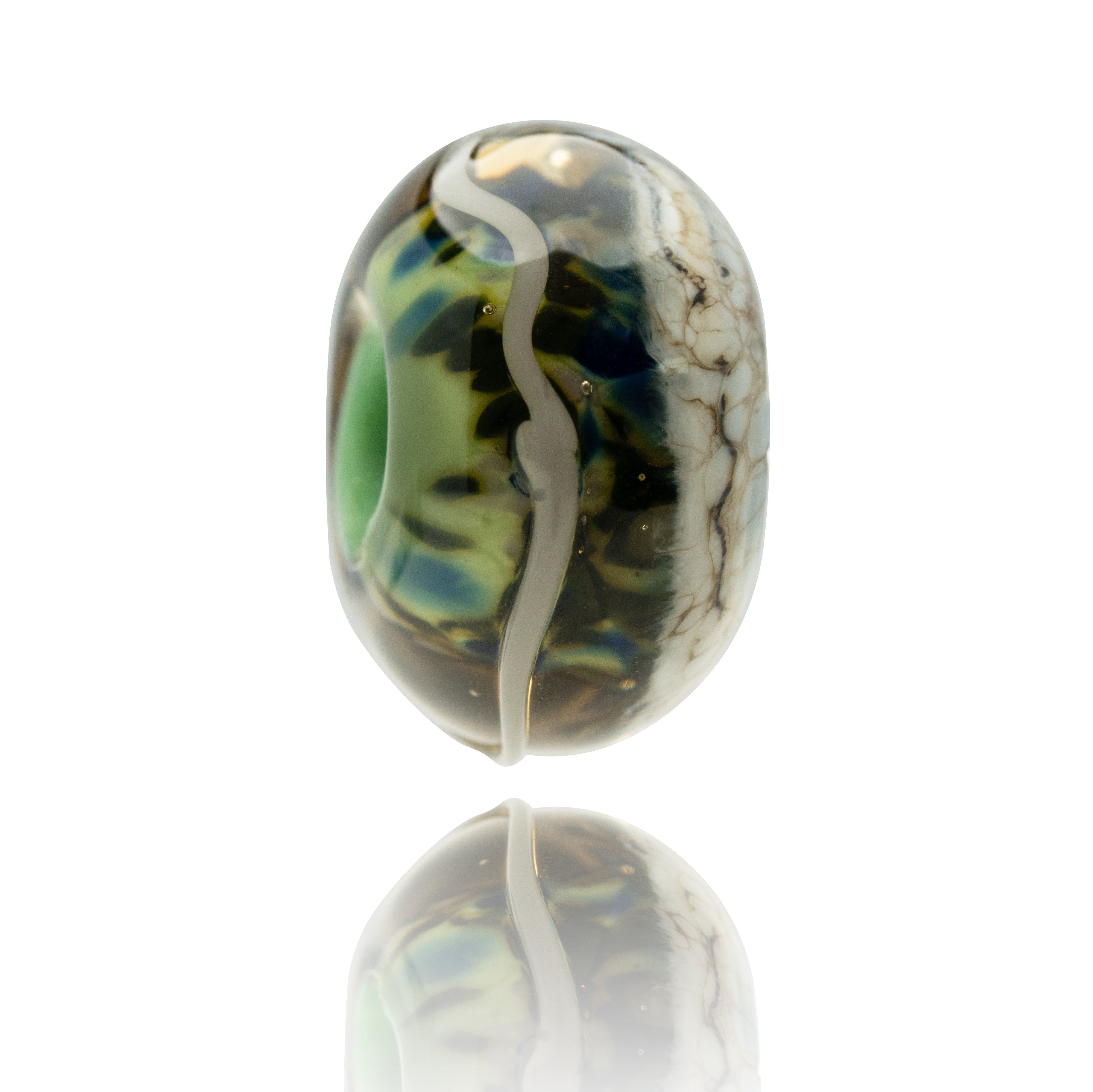 Green, brown and black mottled glass bead with grey pattern on white background.