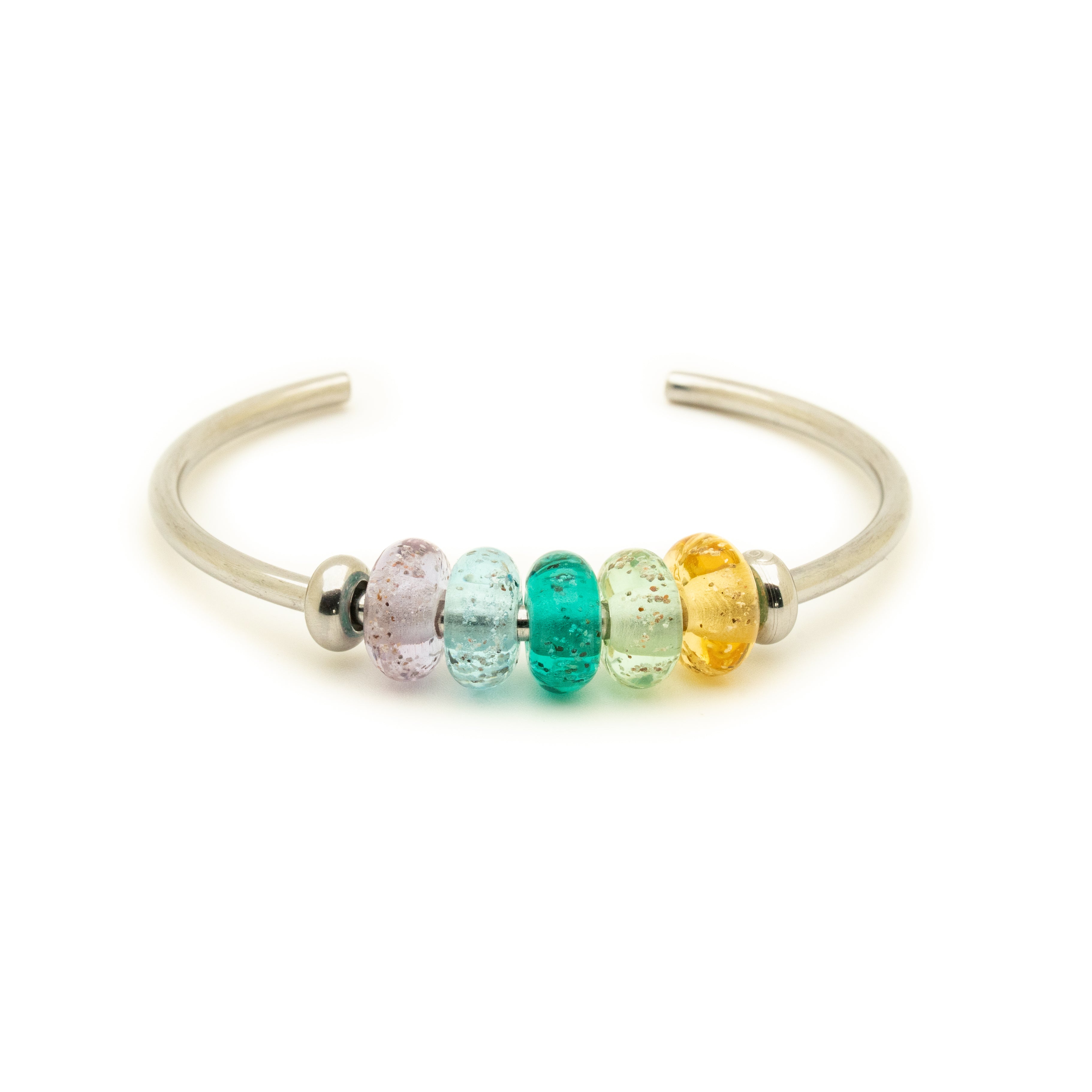Colourful glass bead on silver bangle.
