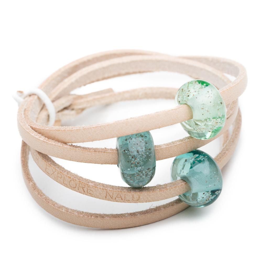 Sand leather wrap with three beach sand beads in blue, green glass.