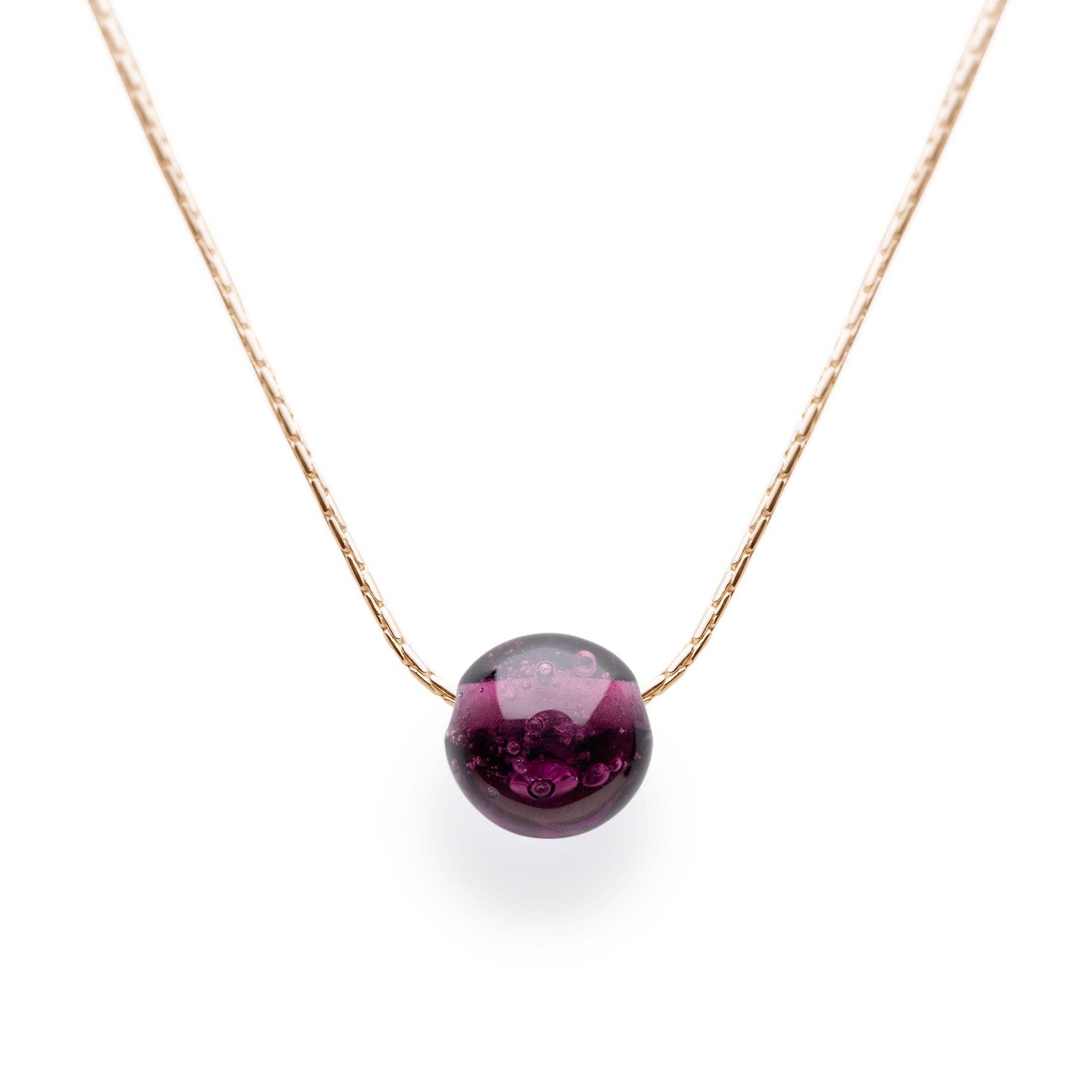 Dark berry purple glass bead necklace with beach sand on gold fill fine chain necklace.