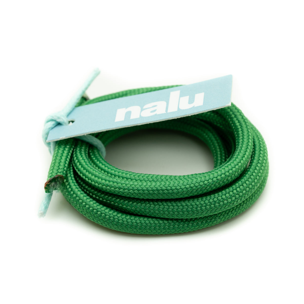 A coiled green braided cord with a light blue paper tag printed with the brand name 'nalu' in white, set against a plain white background.