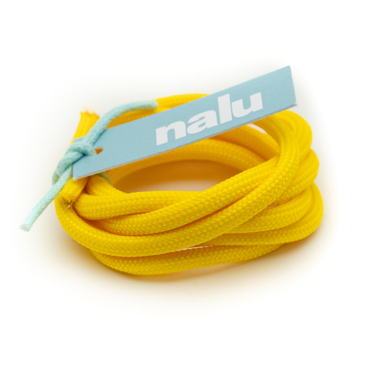 A coiled pair of bright yellow woven shoelaces tied with a light blue string, featuring a matching light blue paper tag printed with the brand name 'nalu' in white, set against a plain white background.