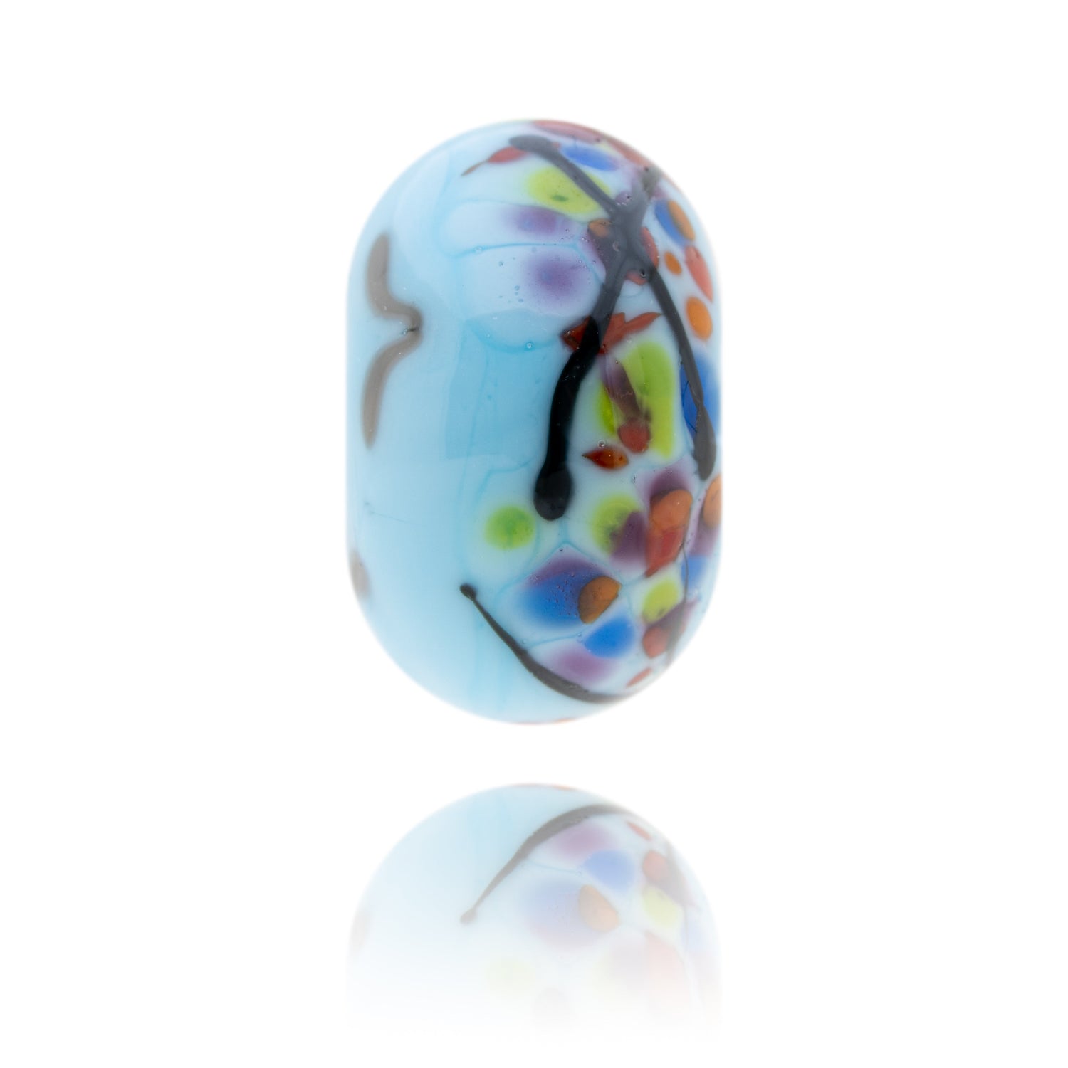Pale blue glass bead with colourful dots and black stripes pin the surface, representing Brighton in Sussex.