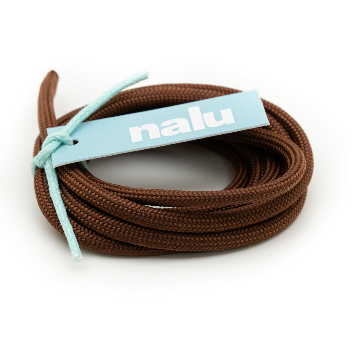 A coiled length of brown braided cord tied with a light blue string and a light blue paper tag printed with the brand name 'nalu' in white, set against a plain white background.