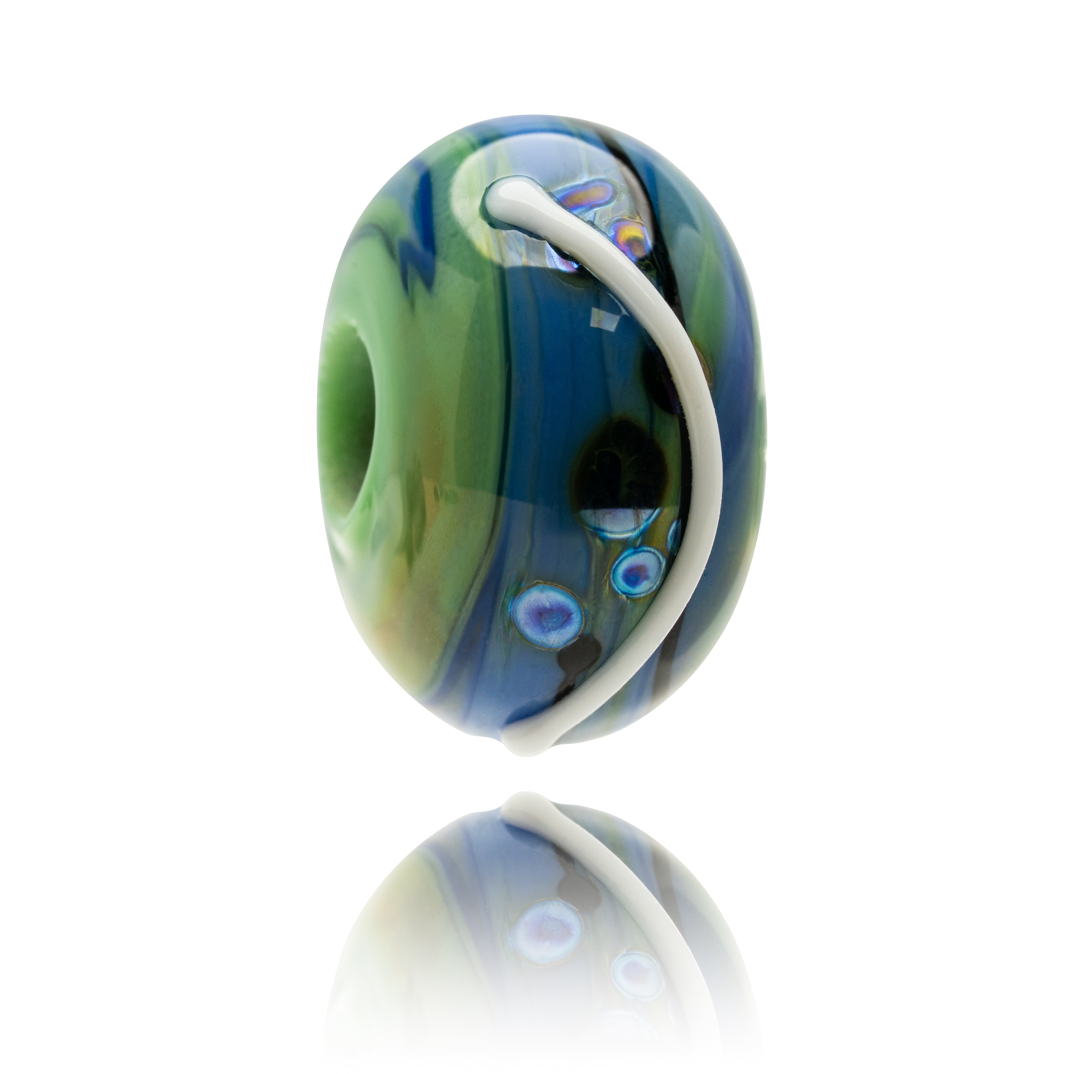 Swirling green and blue shimmering glass bead.