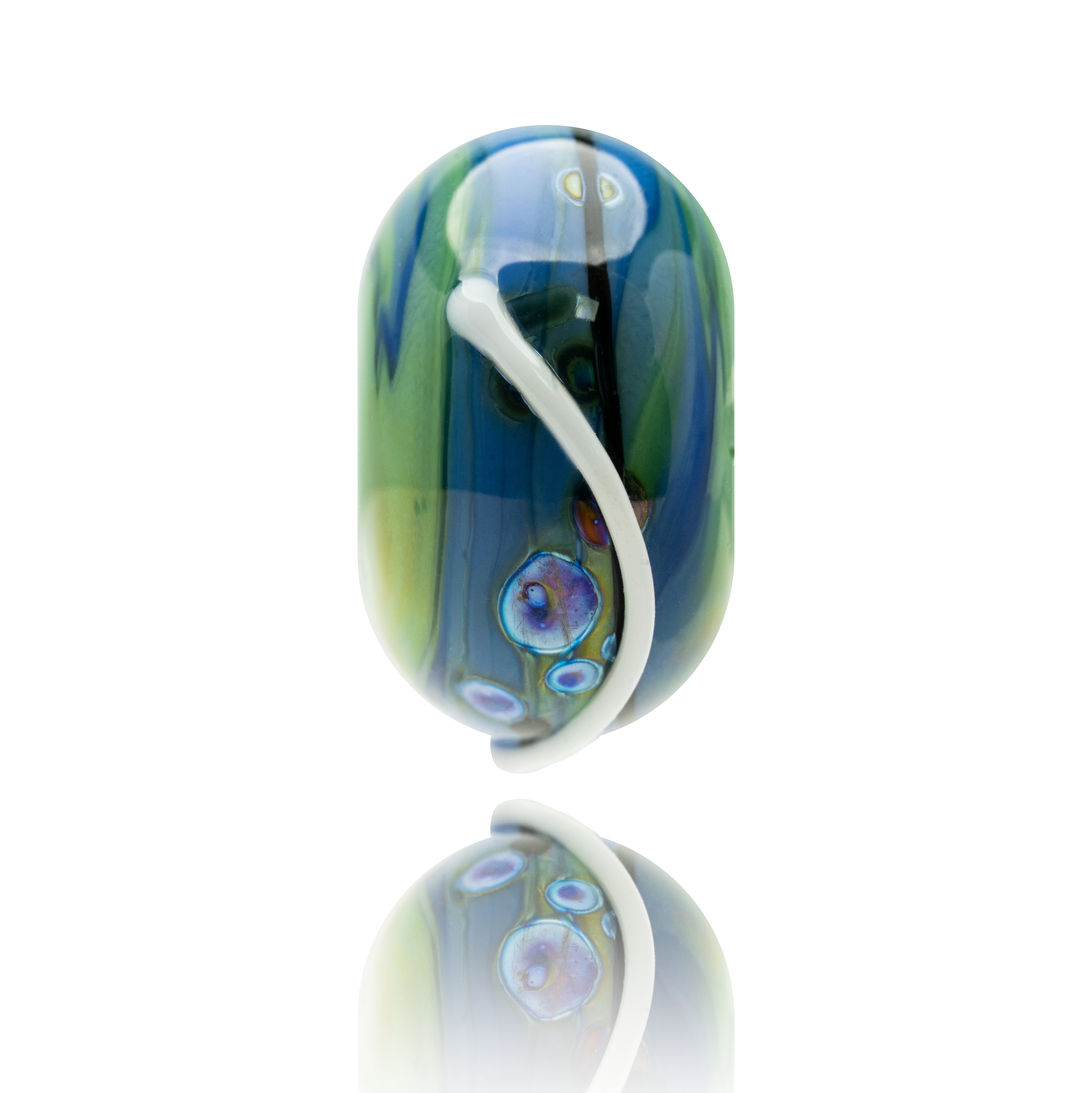 Swirling green and blue shimmering glass bead.