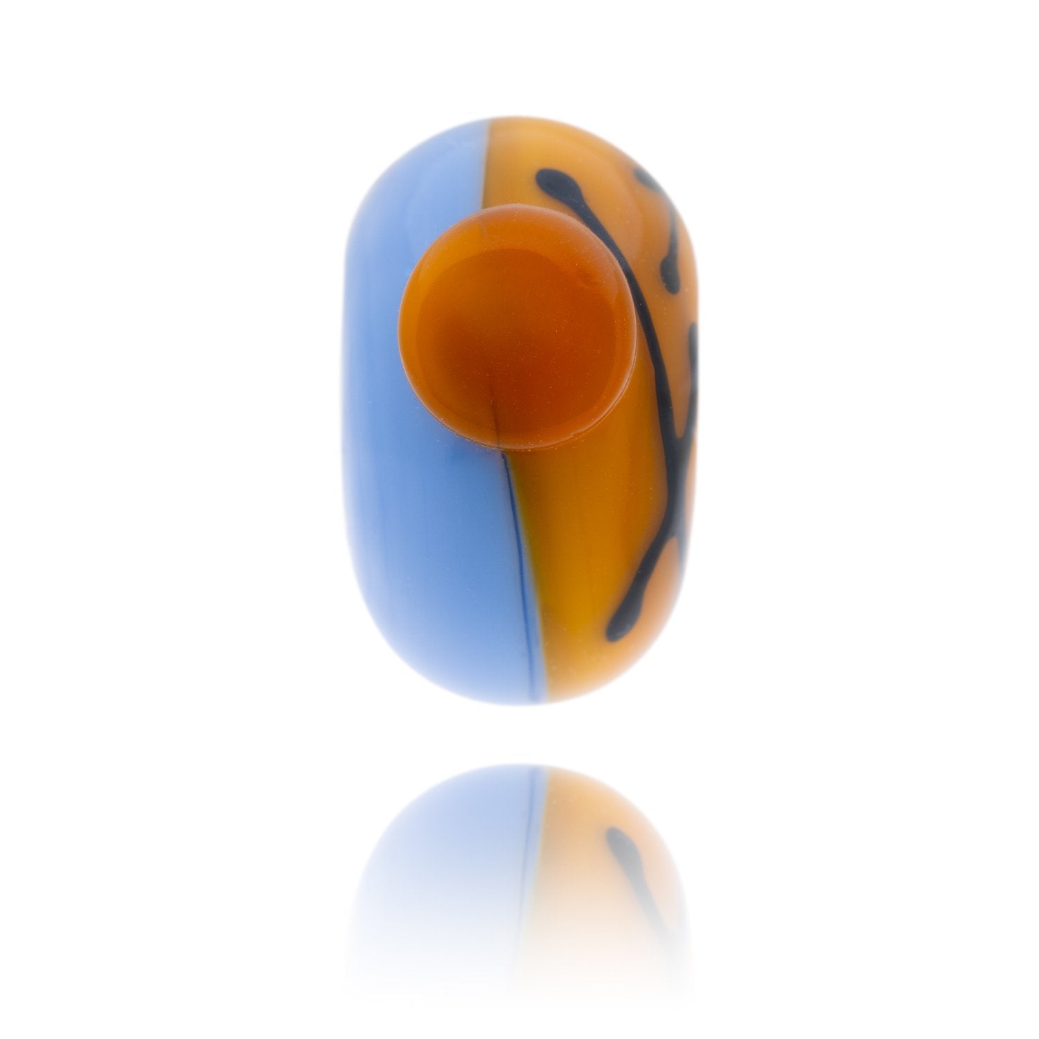 Blue and yellow glass bead with a yellow dot and black lines on the surface. Representing Cleethorpes beach in Lincolnshire.