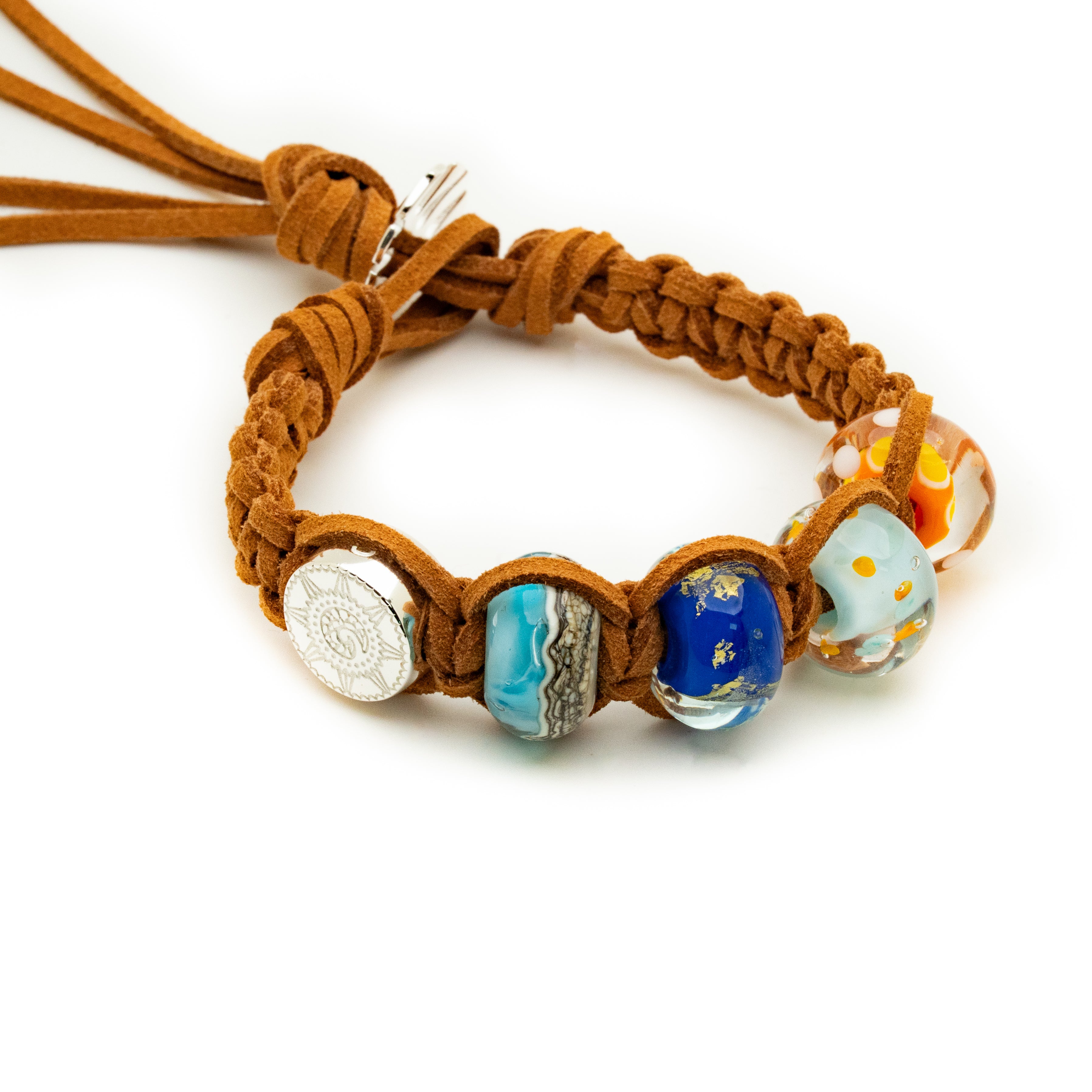 Brown braided bracelet with colorful beads on a white background