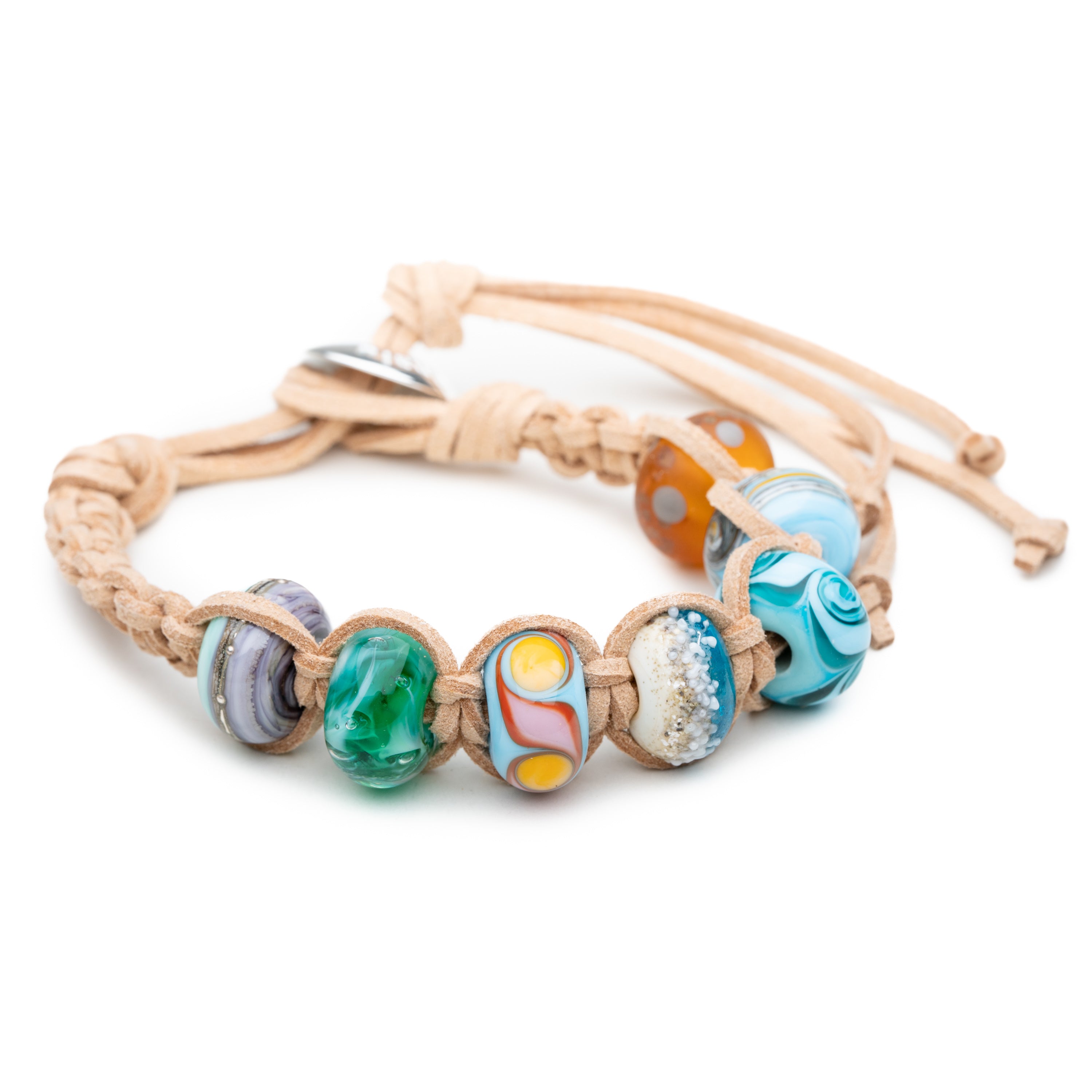 Sand cord anklet with colourful glass beads for Cornish beaches.