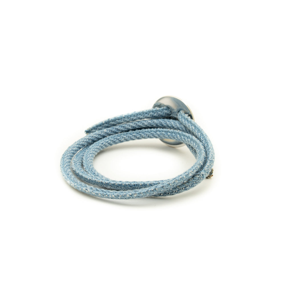 Blue braided cord with a metal clasp on a white background