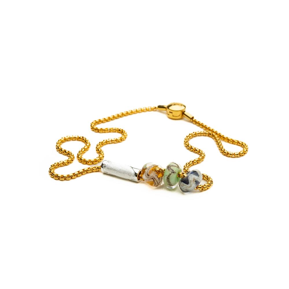 IP 18k gold necklace with oyster clasp with glass beads and silver charm.