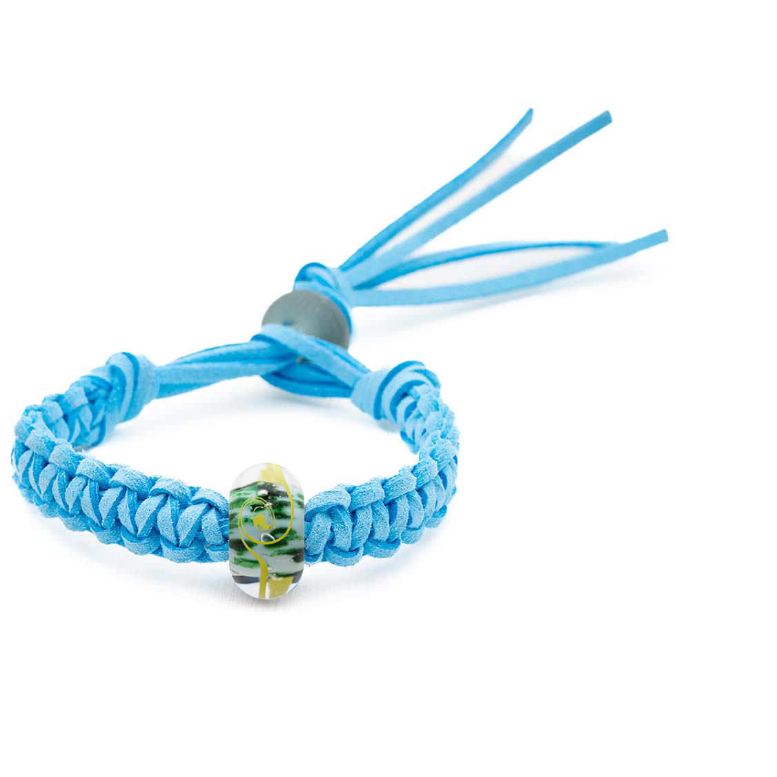 Blue braided bracelet with a decorative bead on a white background