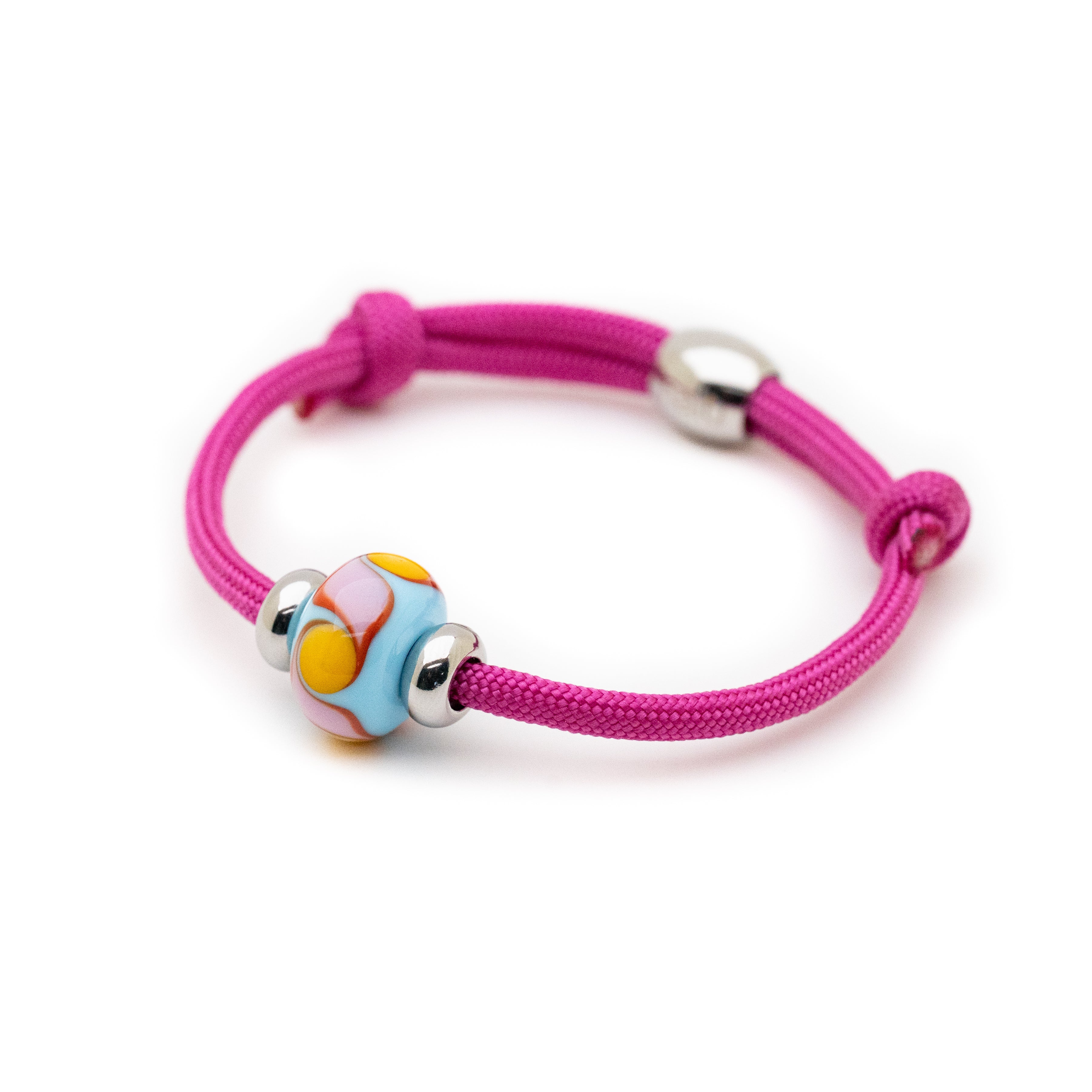 Blue, orange and pink bead on pink cord bracelet.