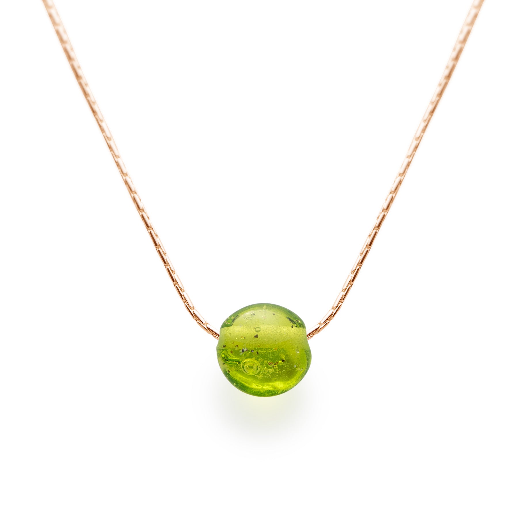 Apple green glass bead necklace with beach sand on gold fill fine chain necklace.
