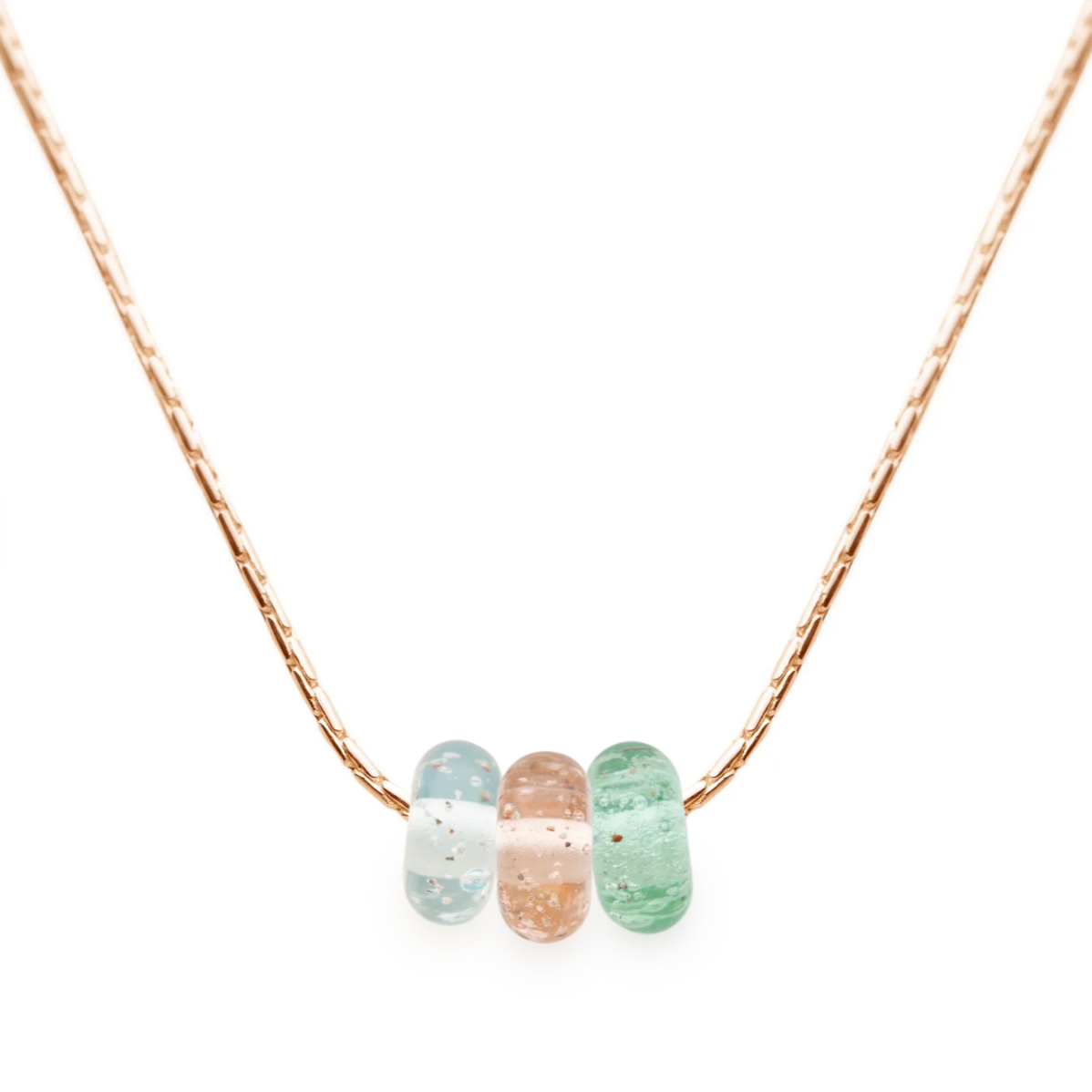 Gold necklace with blue, peach and green coloured glass beads.