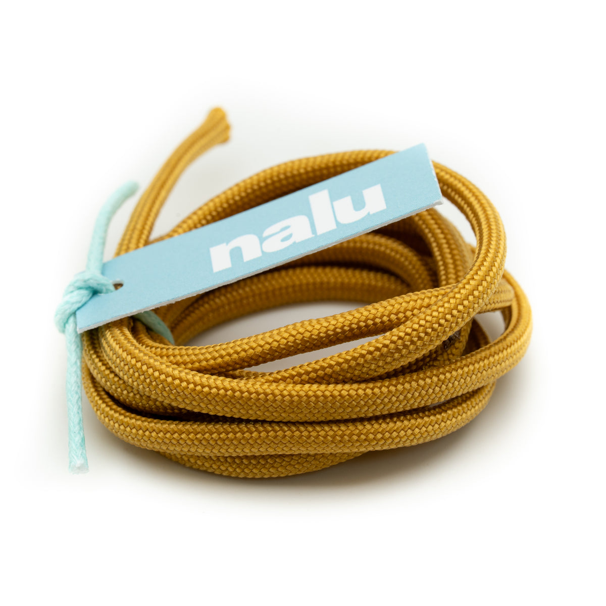 A coiled bundle of mustard yellow braided shoelaces with a light blue paper tag printed with the brand name 'nalu' in white, tied with a matching light blue string on a white background.