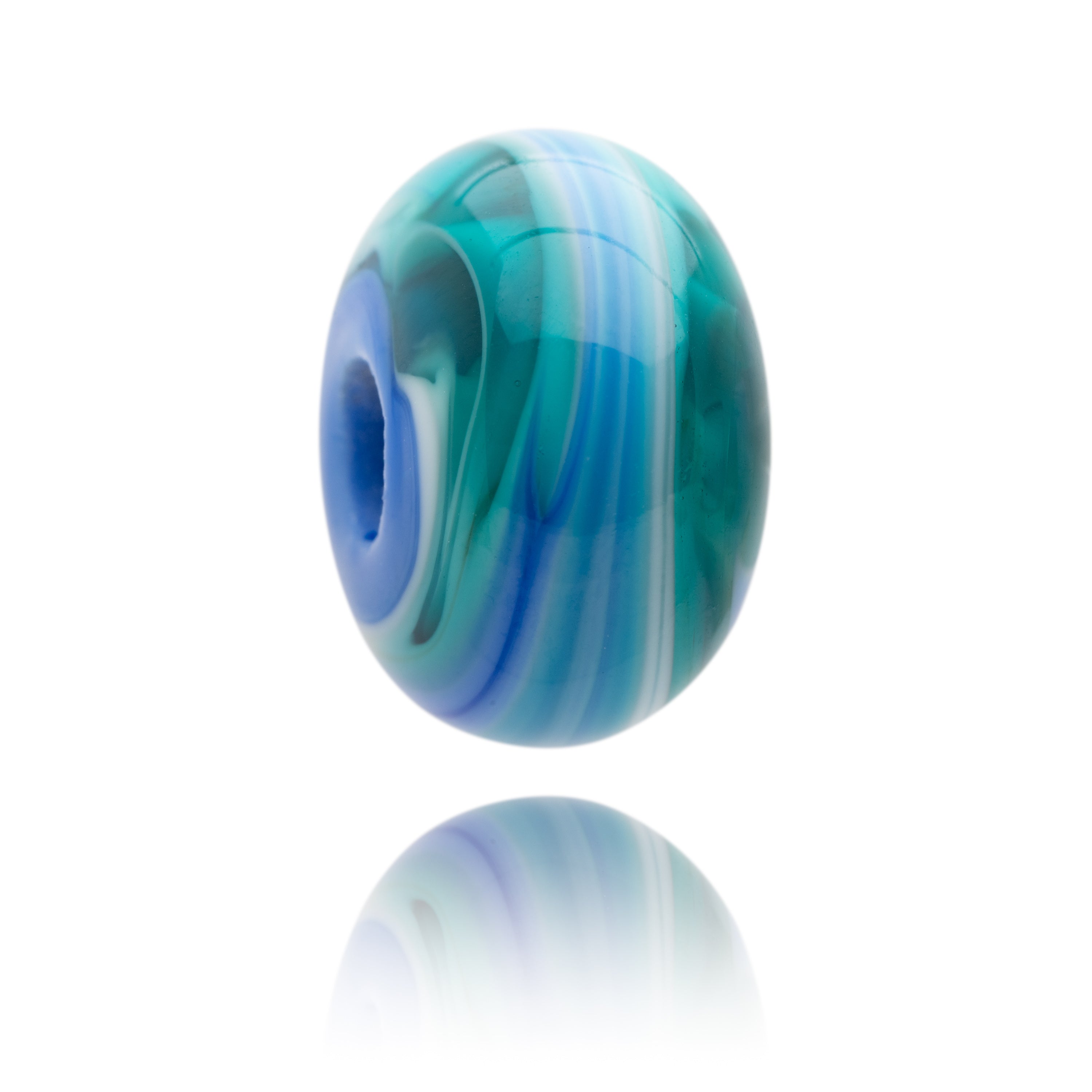 Blue and green swirling glass bead for Gorran Haven in Cornwall