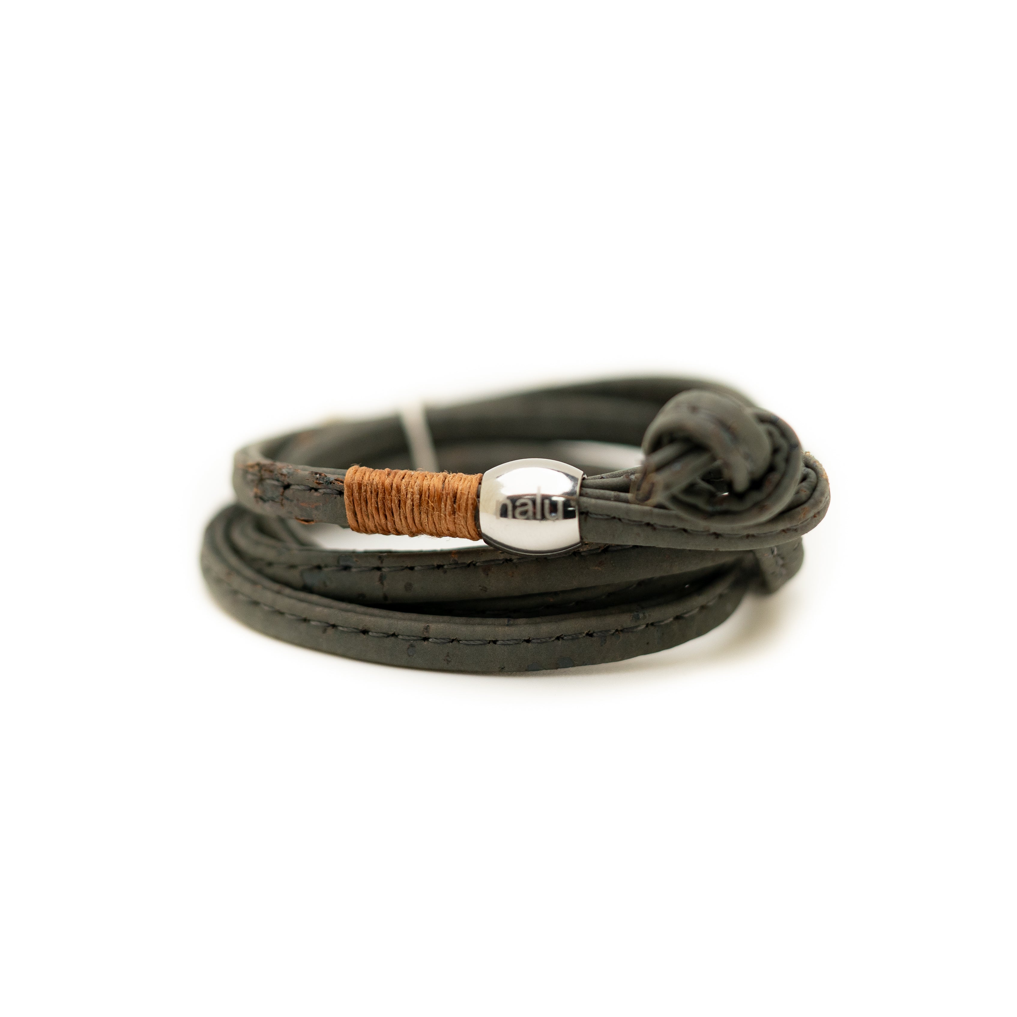 Gray cork bracelet with a silver clasp on a white background